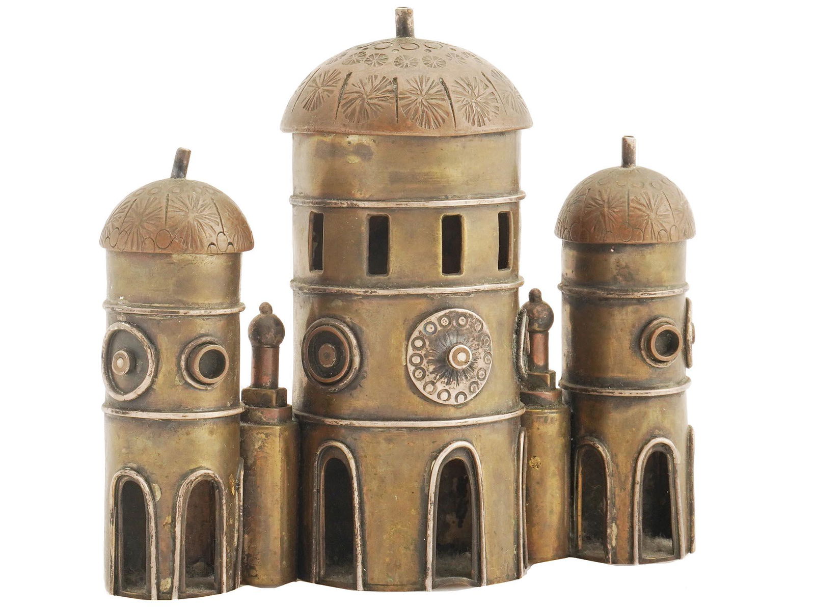 VINTAGE JUDAICA BRASS HAND WROUGHT TRIPLE MEZUZAH (1 of 5)