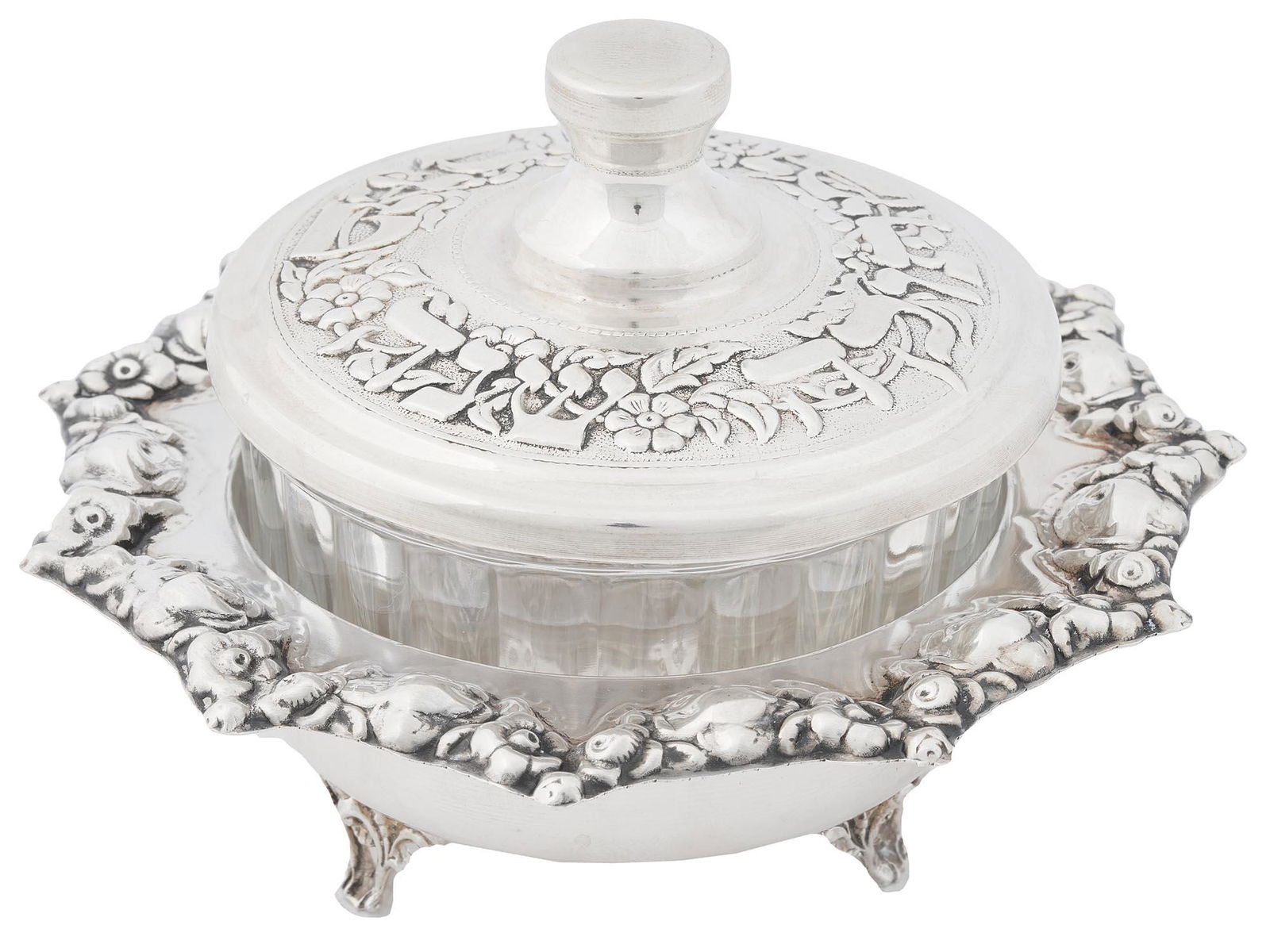 JUDAICA GILT STERLING SILVER AND GLASS JAM POT (1 of 5)