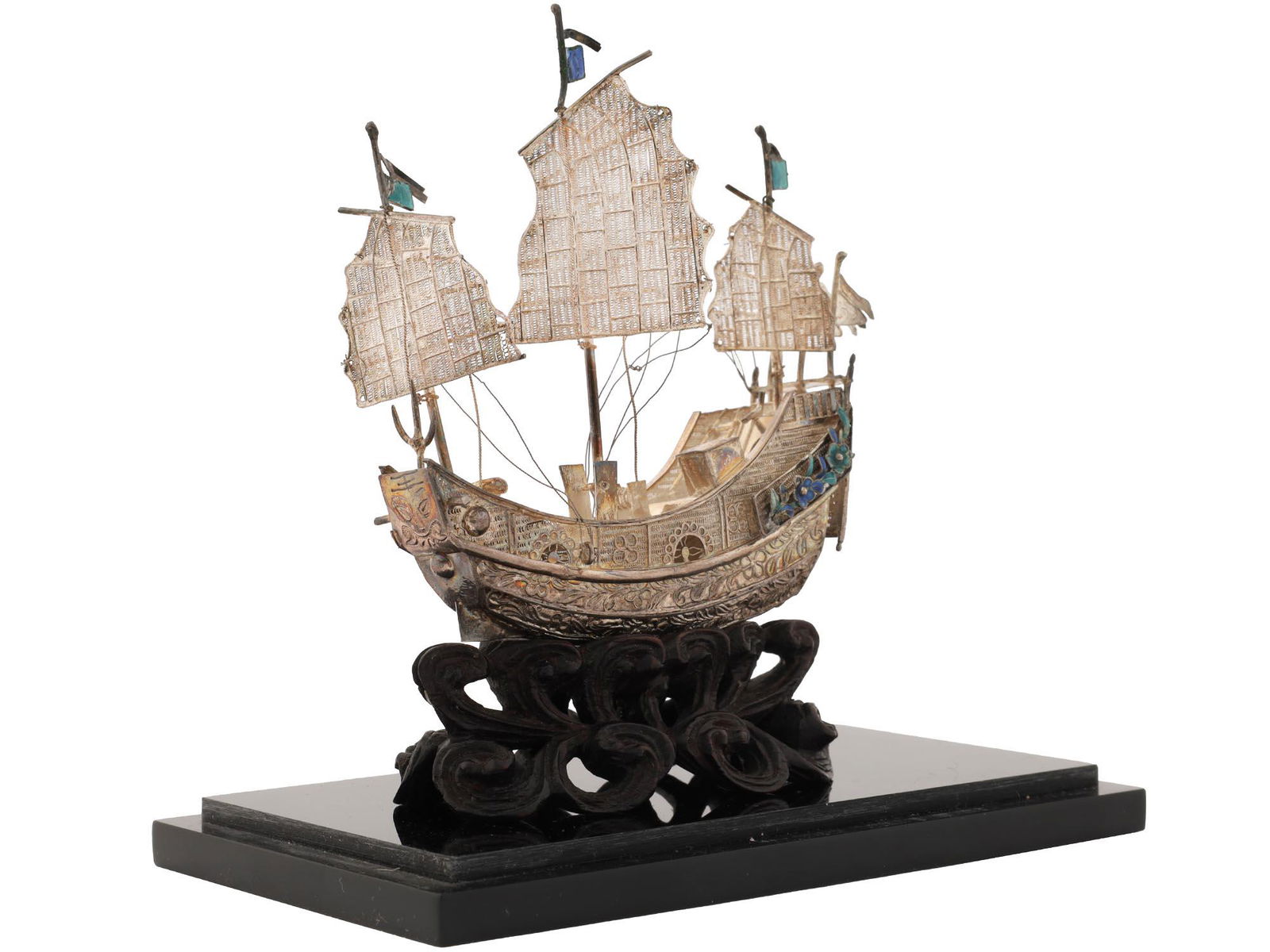 ANTIQUE CHINESE STERLING ENAMEL JUNK SHIP MODEL (1 of 4)