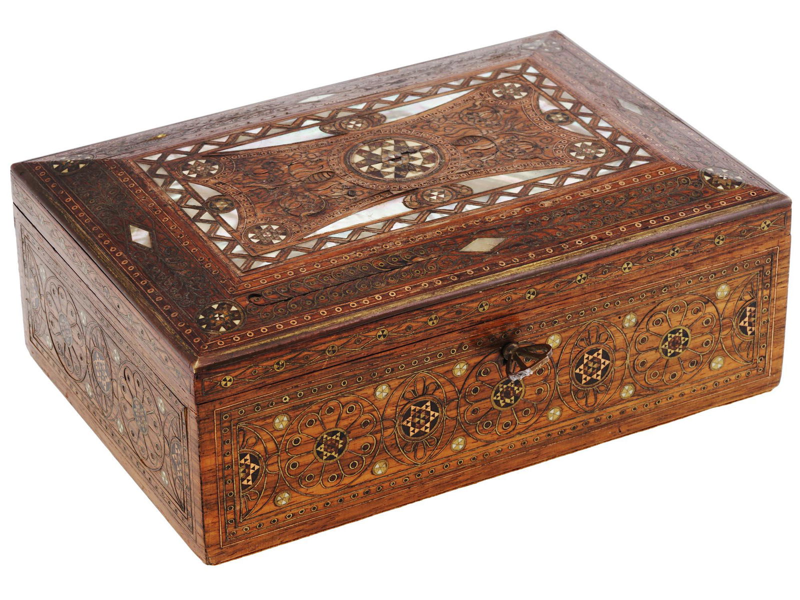 EARLY 20TH C PEARL AND BRASS INLAID WOODEN BOX (1 of 3)
