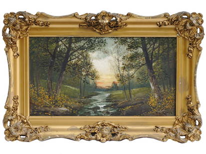 USA LANDSCAPE OIL PAINTING BY MARY ELIZABETH KING: Mary Elizabeth King , American, 1899 to 1991, oil painting on canvas depicting a forest landscape. Signed lower right. Framed. Mary King is known for Landscape painting.Born in Springfield, Missiouri