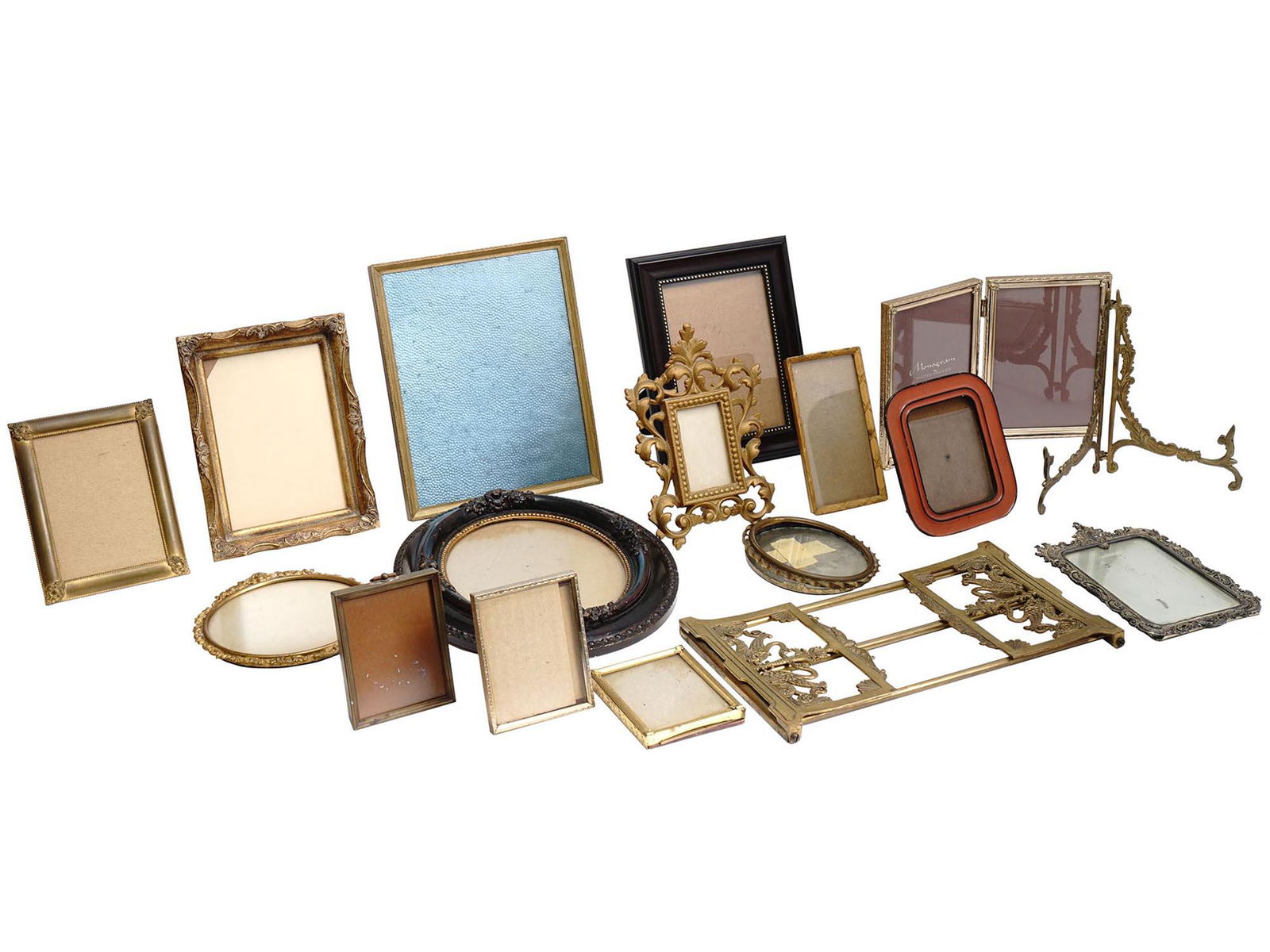 VINTAGE GOLDEN AND WOOD PICTURE FRAMES AND STANDS: A large lot of antique and vintage picture frames and stands. A total of 17 items of various size and design. Decor Items For Interior Design, Photo Frames, Picture Stands. Dimensions: Size: (S) 4 1/4