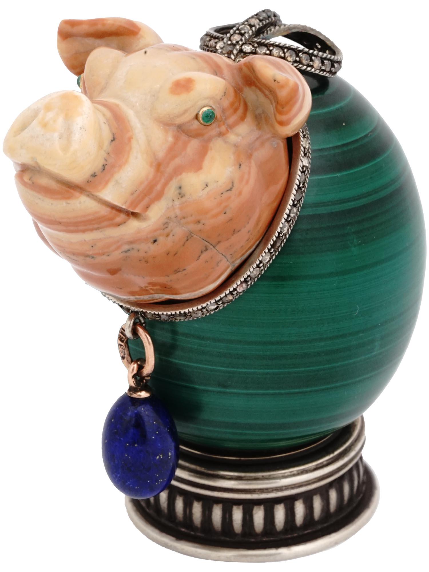 RUSSIAN SILVER MALACHITE EGG WITH JASPER PIG HEAD (1 of 7)