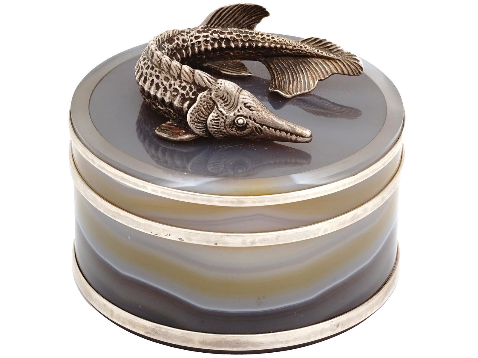 RUSSIAN SILVER CARVED AGATE STURGEON CAVIAR JAR (1 of 5)