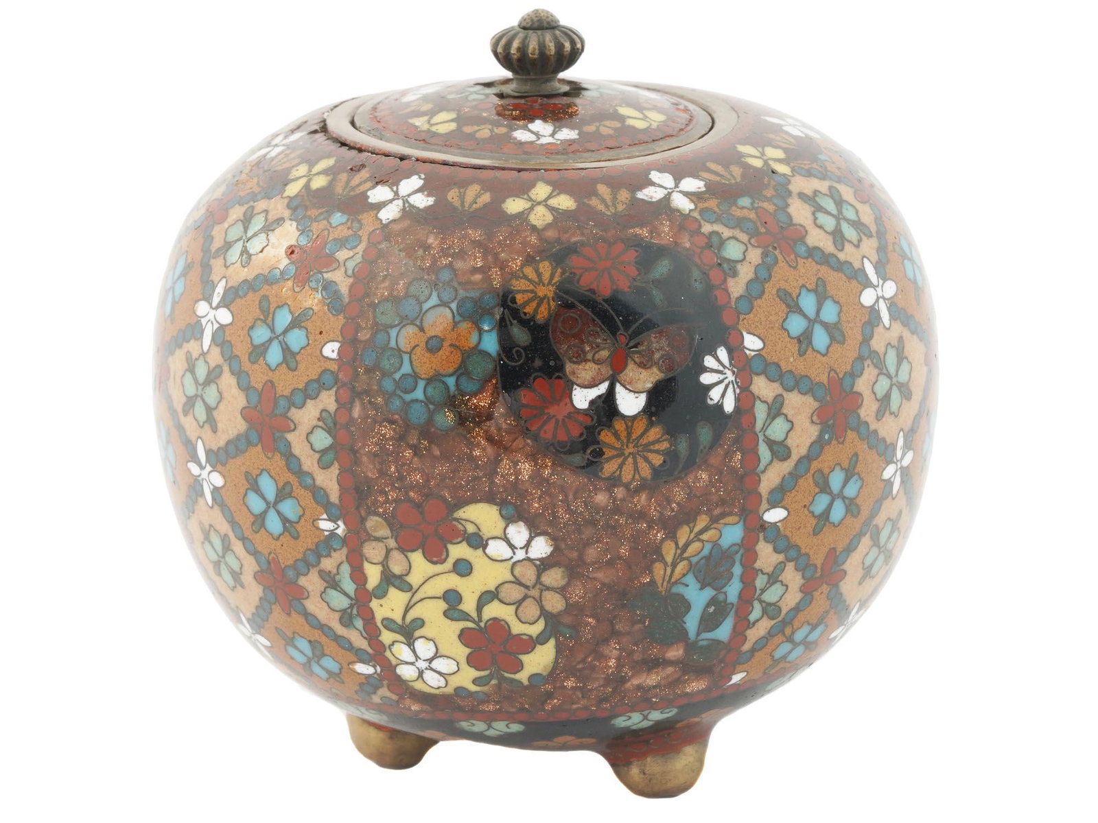 ANTIQUE JAPANESE GOLDSTONE AND ENAMEL CENSER KORO: An antique Japanese Meiji Era covered tripod enamel metal censer koro. Circa: late 19th century to early 20th century. The sphere form ware is enameled with polychrome images of peony flowers made in 