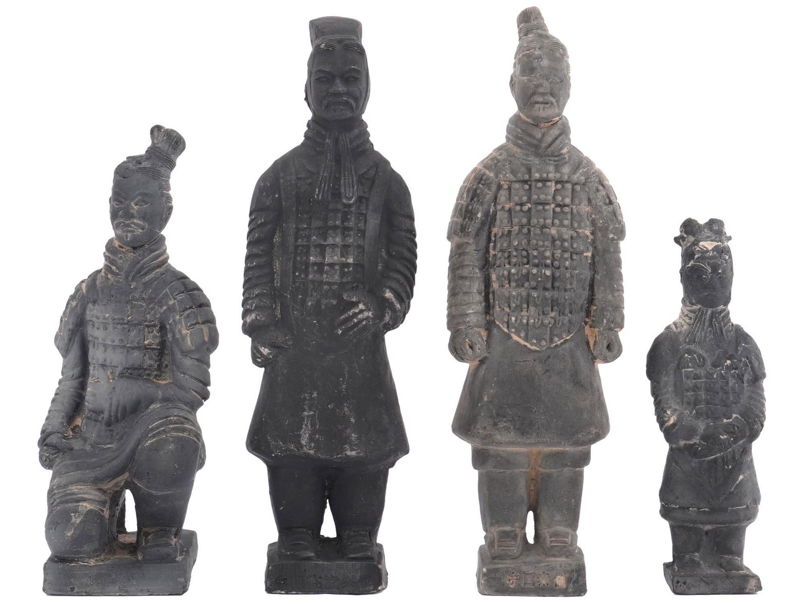 VINTAGE CHINESE TERRACOTTA ARMY SOLDIER FIGURINES: A lot of vintage miniature Chinese terracotta figurines representing soldiers from the Terracotta Army, a III century BC funerary art collection located in Shaanxi, China. A total of four items of var