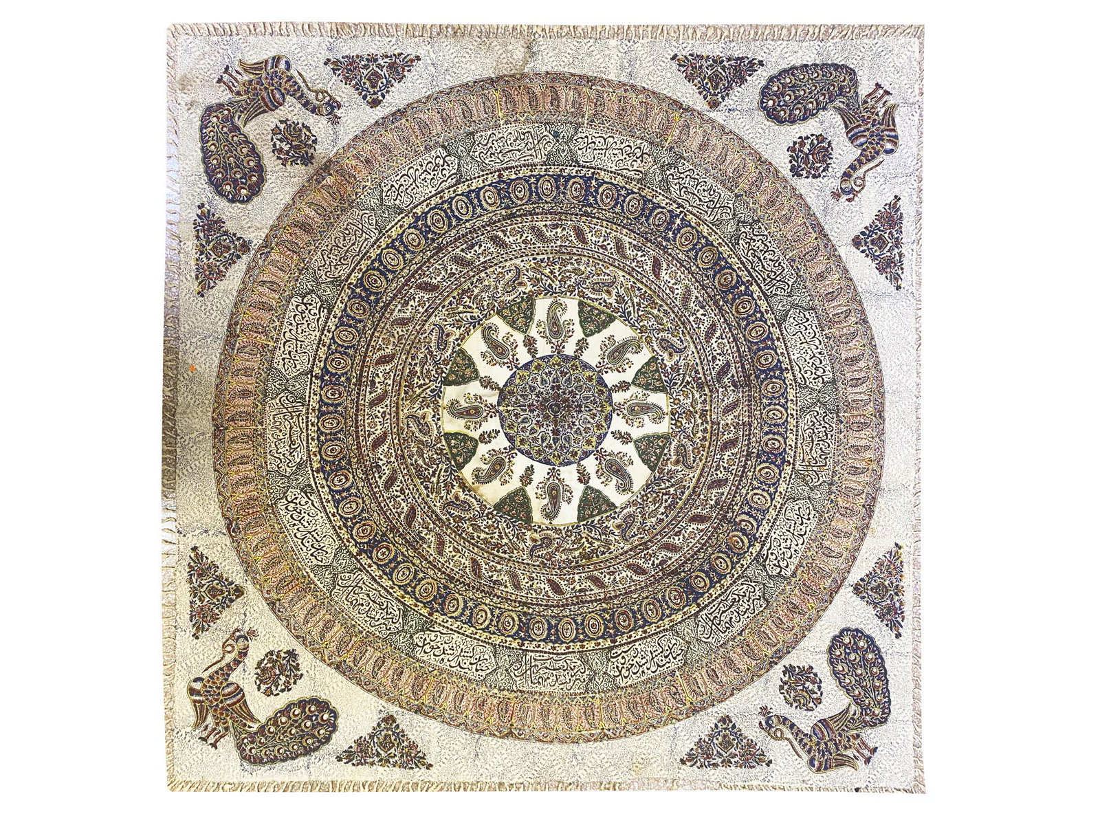 ANTIQUE IRANIAN ISFAHAN PAHLAVI COTTON TEXTILE: A rare antique Iranian Isfahan Pahlavi dynasty plain weave cotton, printed and painted textile featuring fine vivid ornamentations with birds within floral patterns. Circa the early 20th century. Anti