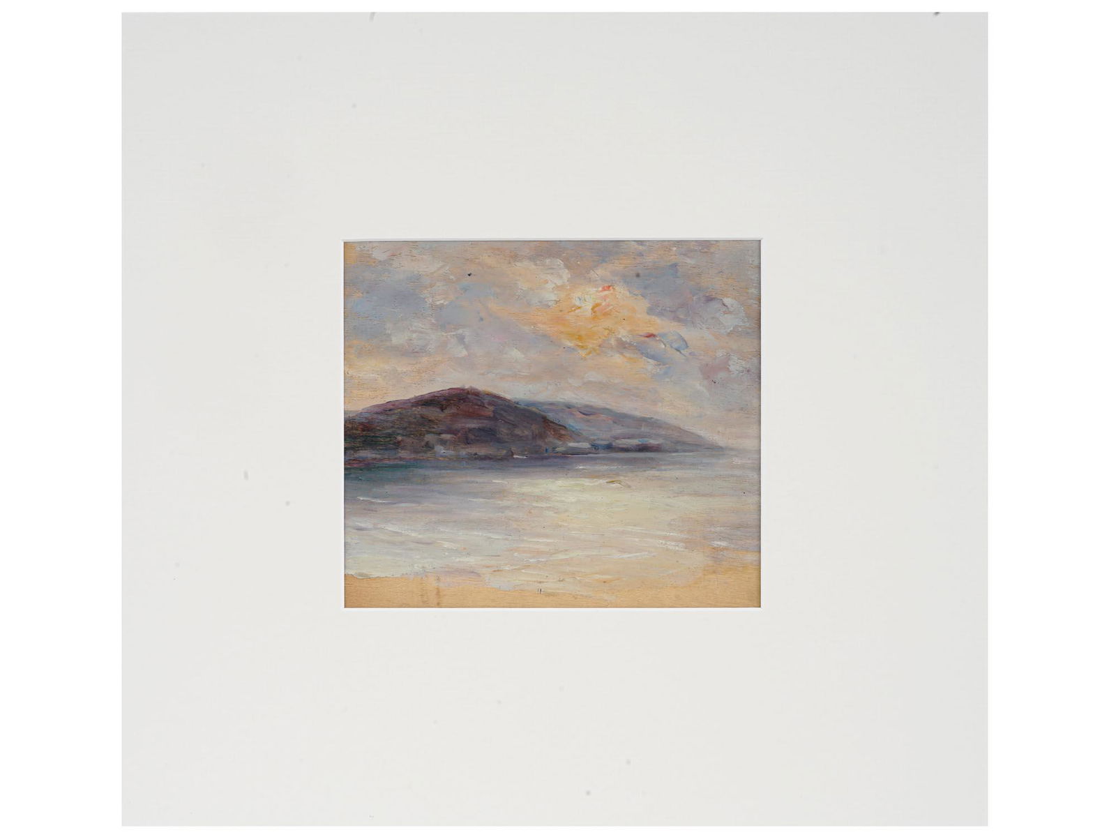 RUSSIAN LANDSCAPE OIL PAINTING BY NINA ZBANDUTO: Oil on board painting by Nina Zbanduto, 1894 to 1988, a Russian-American Impressionist artist. The artwork depicts a sea landscape. Unsigned. White mat. Collectible Mid Century Nature Landscape Seasca