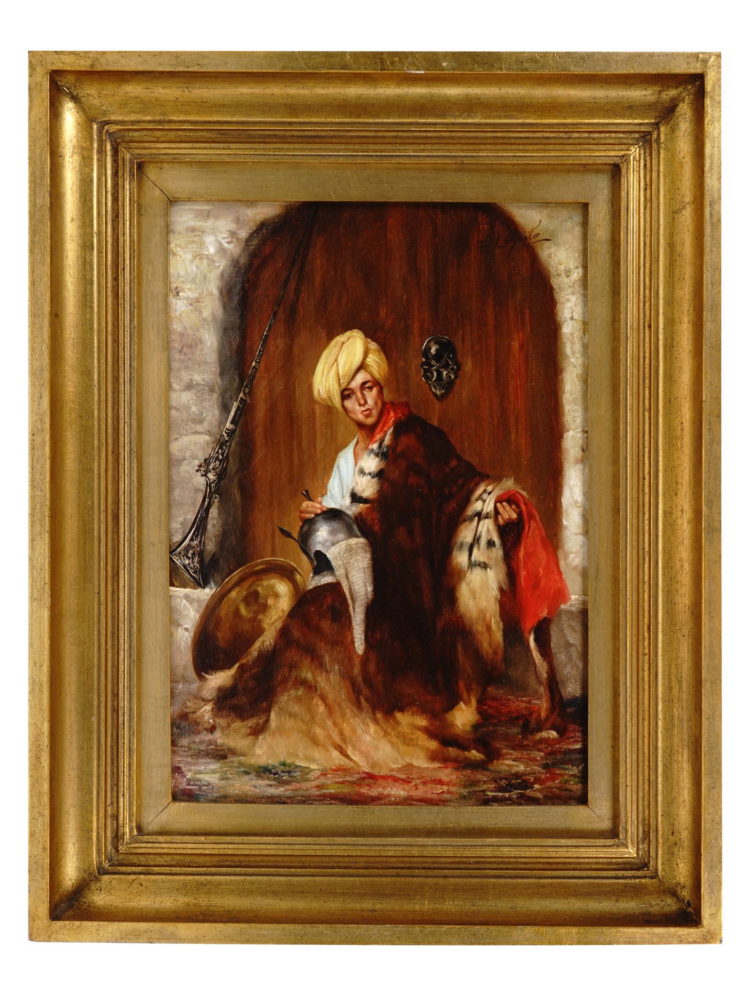 AFTER GEROME ORIENTAL MALE PORTRAIT OIL PAINTING: Oil on canvas painting, a portrait of a seated man in a turban, surrounded by expensive skins. Signed F. Ligile in the upper right. A copy of an 1869 artwork titled Pelt Merchant by Jean-Leon Gerome,