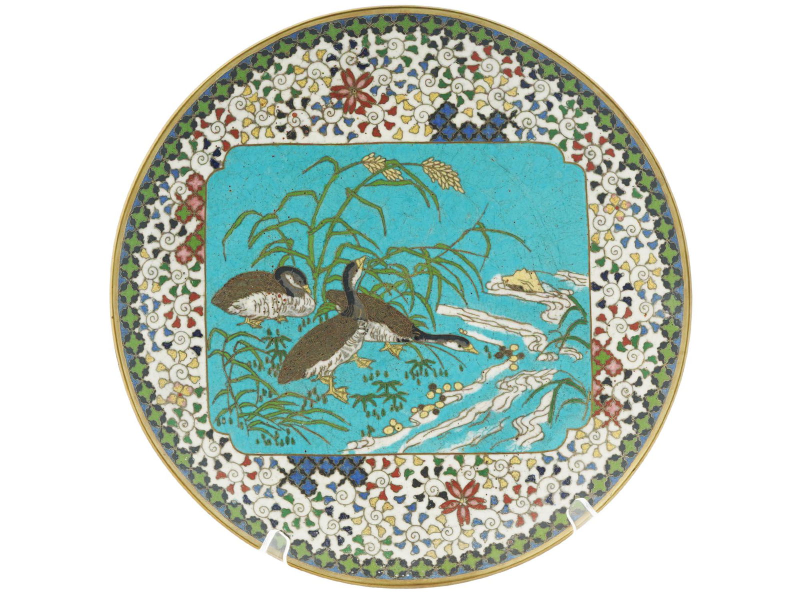 ANTIQUE MEIJI JAPANESE CLOISONNE PLATE WITH DUCKS (1 of 2)
