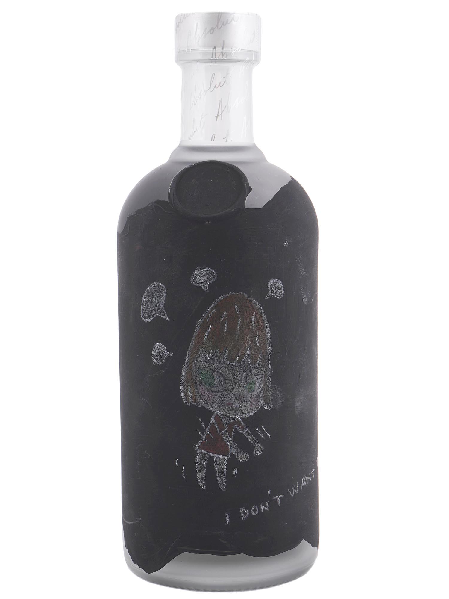 JAPANESE ART PAINTING ON BOTTLE BY YOSHIMOTO NARA: Yoshimoto Nara, Japanese, born in 1959, mixed media, acrylic and crayon, painting on Absolut Vodka bottle depicting a scene with a girl and a dog, 1997. Inscribed, I Dont Want To Grow Up. Signed and d