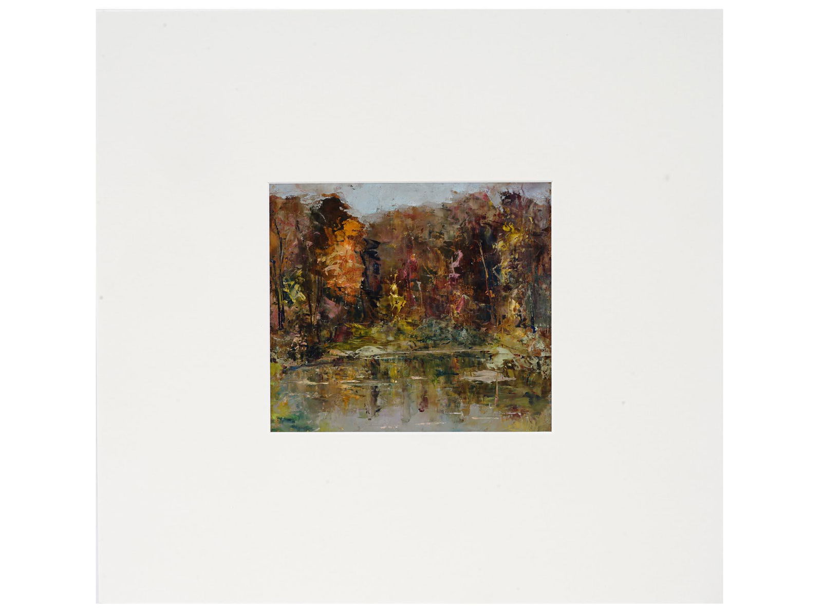 RUSSIAN LANDSCAPE OIL PAINTING BY NINA ZBANDUTO: Nina Zbanduto, Russian, 1894 to 1988, oil painting on board depicting an autumn forest landscape sketch in the manner of Impressionism. Circa: 1950s. Unsigned. Matted. Nina Zbanduto is a Russian artis