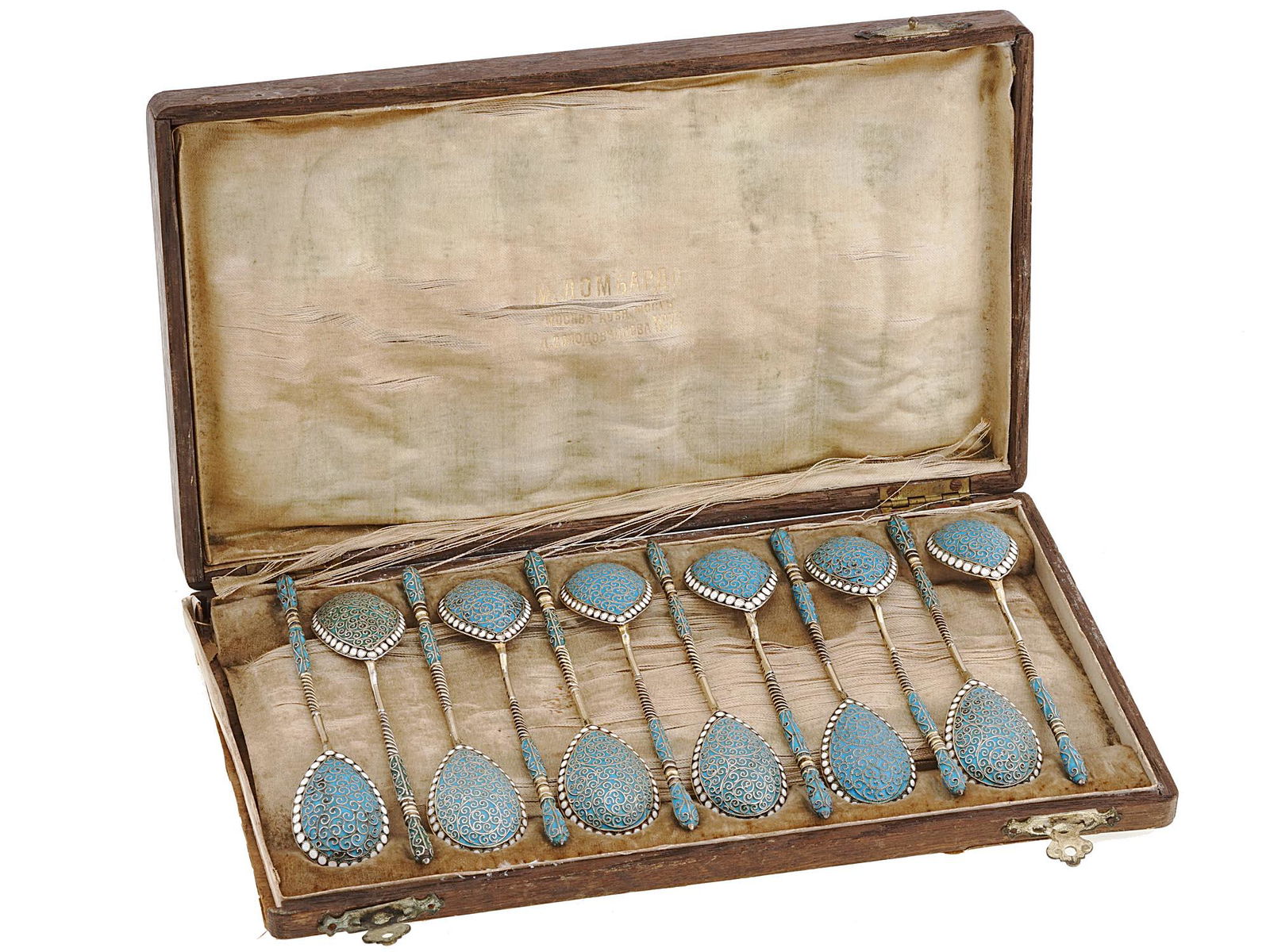RUSSIAN SET OF SILVER GILT AND ENAMEL SPOONS IOB (1 of 8)