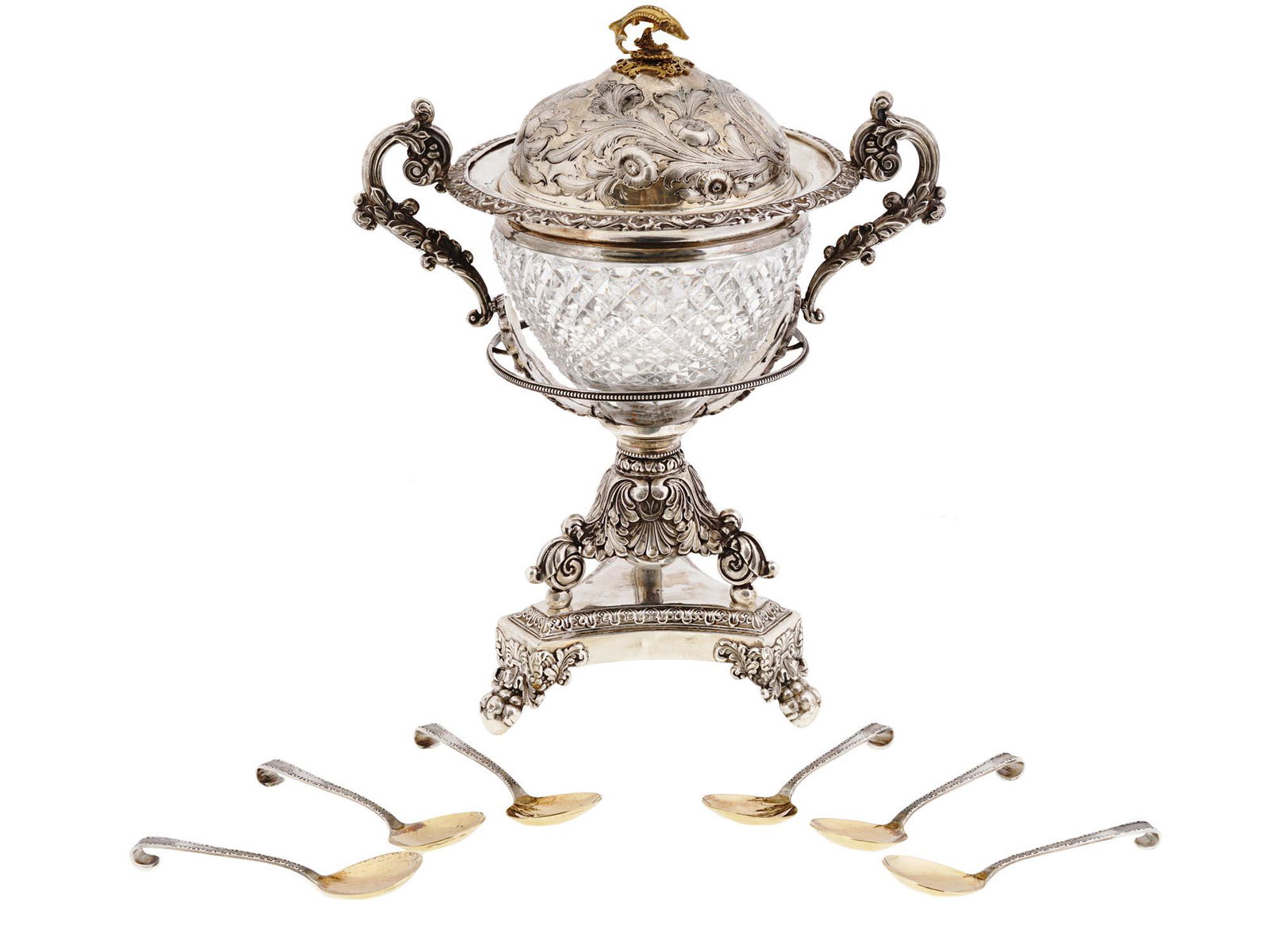 RUSSIAN SILVER CUT CRYSTAL CAVIAR BOWL AND SPOONS (1 of 12)