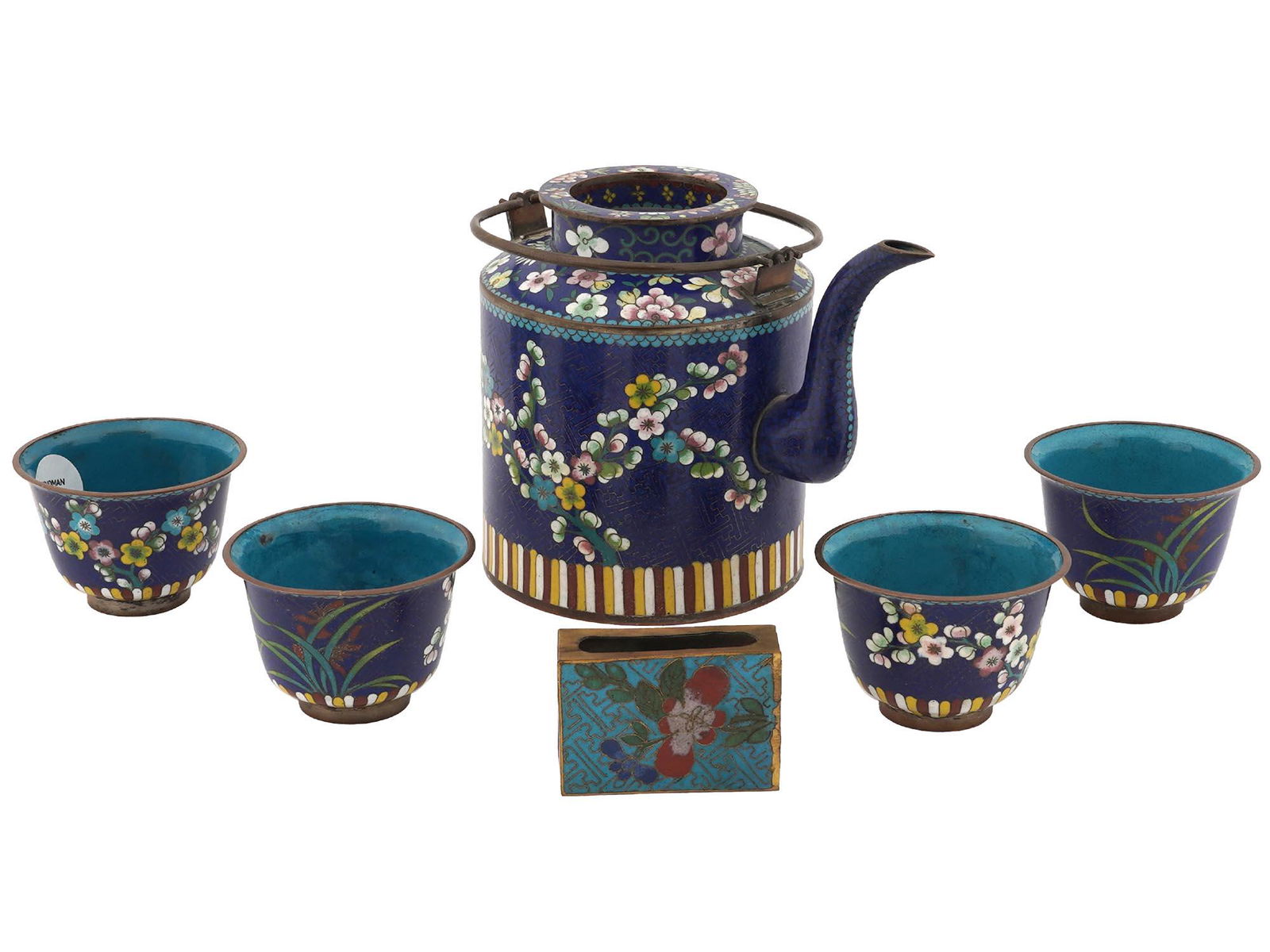 CHINESE CLOISONNE TEAPOT, CUPS AND MATCH HOLDER (1 of 6)