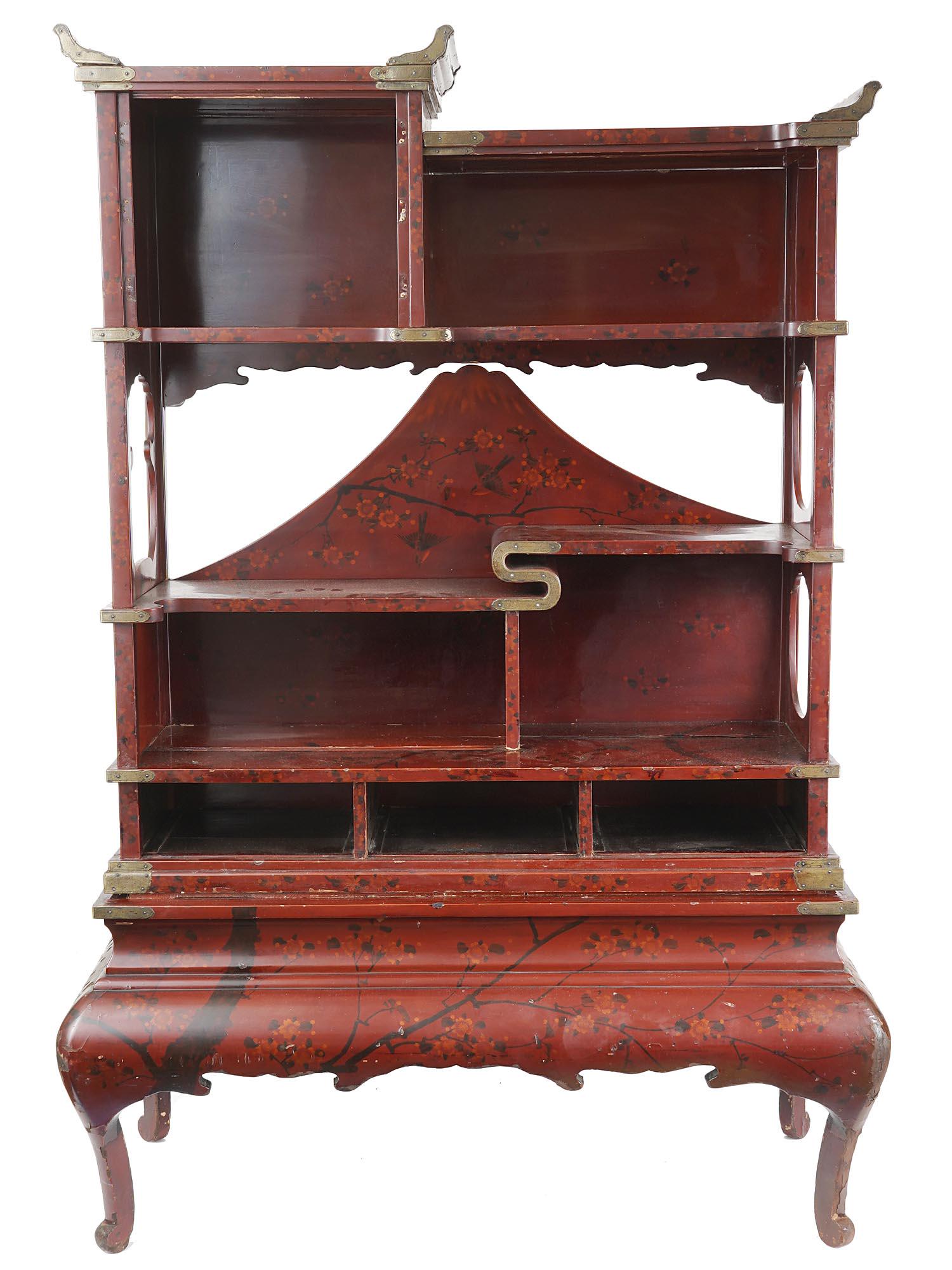 ANTIQUE CHINESE HAND CARVED PAINTED WOOD CABINET: An antique Chinese hand carved wooden cabinet on four legs. The cabinet consists of eight open compartments. The cabinet is adorned with hand painted images of birds and sakura trees and metal element