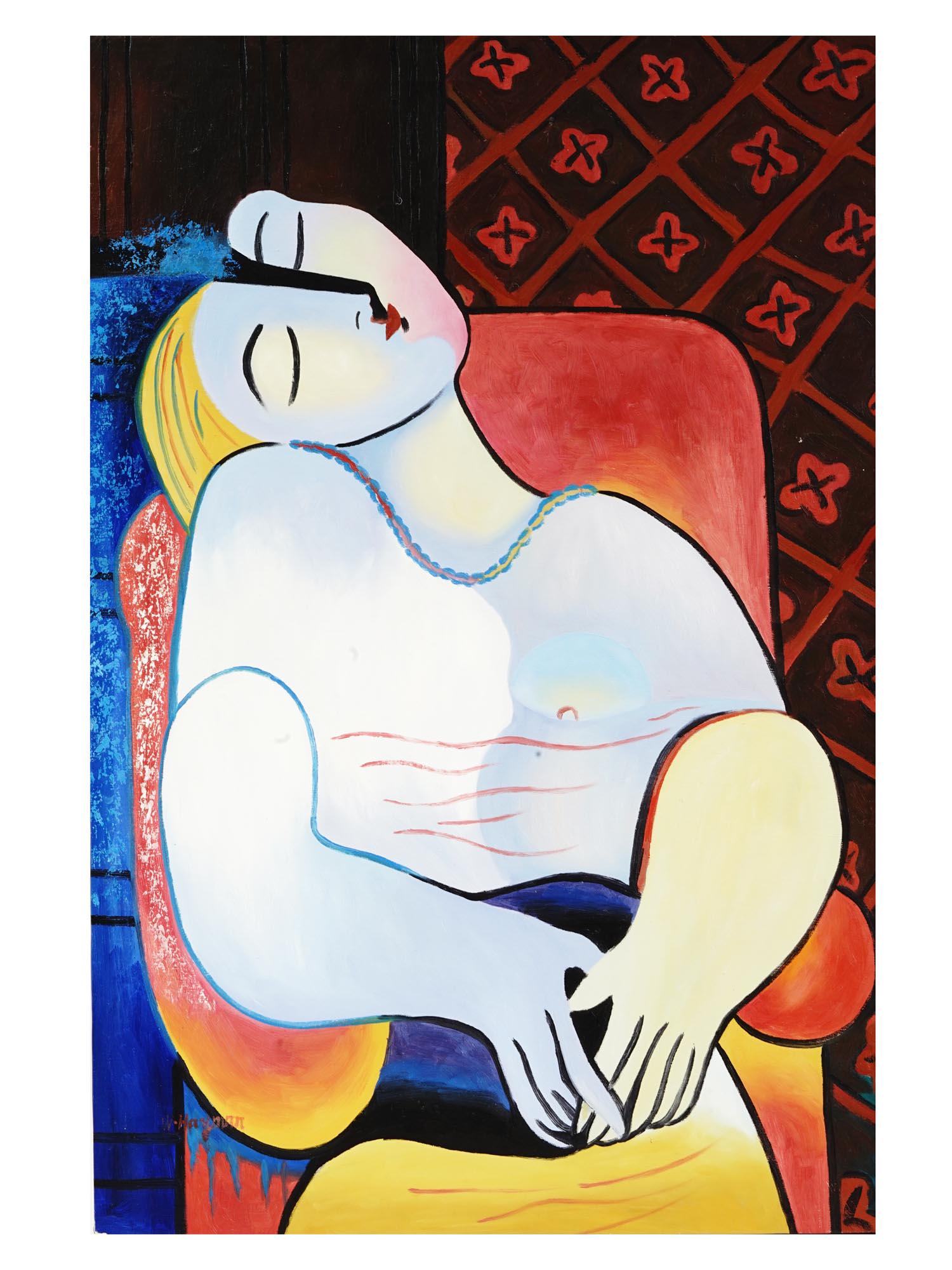 PORTRAIT OIL PAINTING AFTER PABLO PICASSO SIGNED: An oil painting on canvas depicting a Cubist portrait after the original oil painting on canvas, The Dream, 1932, by Pablo Picasso, Spanish, 1881 to 1973.. Signed by the artist, W. Hayman, lower left.