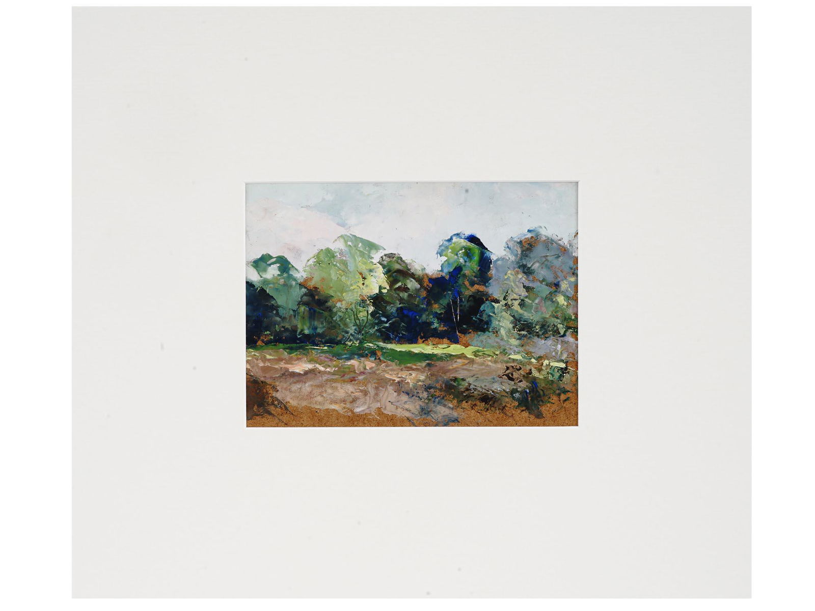 RUSSIAN LANDSCAPE OIL PAINTING BY NINA ZBANDUTO: Oil on board painting by Nina Zbanduto, 1894 to 1988, a Russian-American Impressionist artist. The artwork depicts a forest landscape. Unsigned. White mat. Collectible Mid Century Nature Landscape Art