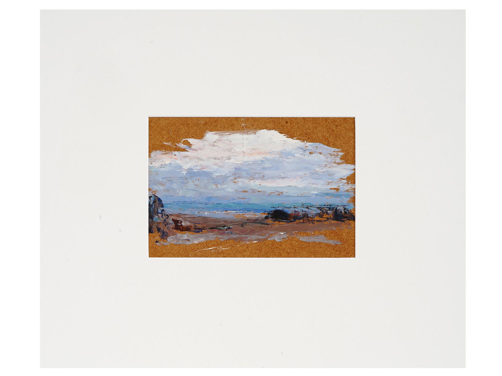 RUSSIAN LANDSCAPE OIL PAINTING BY NINA ZBANDUTO: Oil on board painting by Nina Zbanduto, 1894 to 1988, a Russian-American Impressionist artist. The artwork depicts a sea landscape. Unsigned. White mat. Collectible Mid Century Nature Landscape Seasca