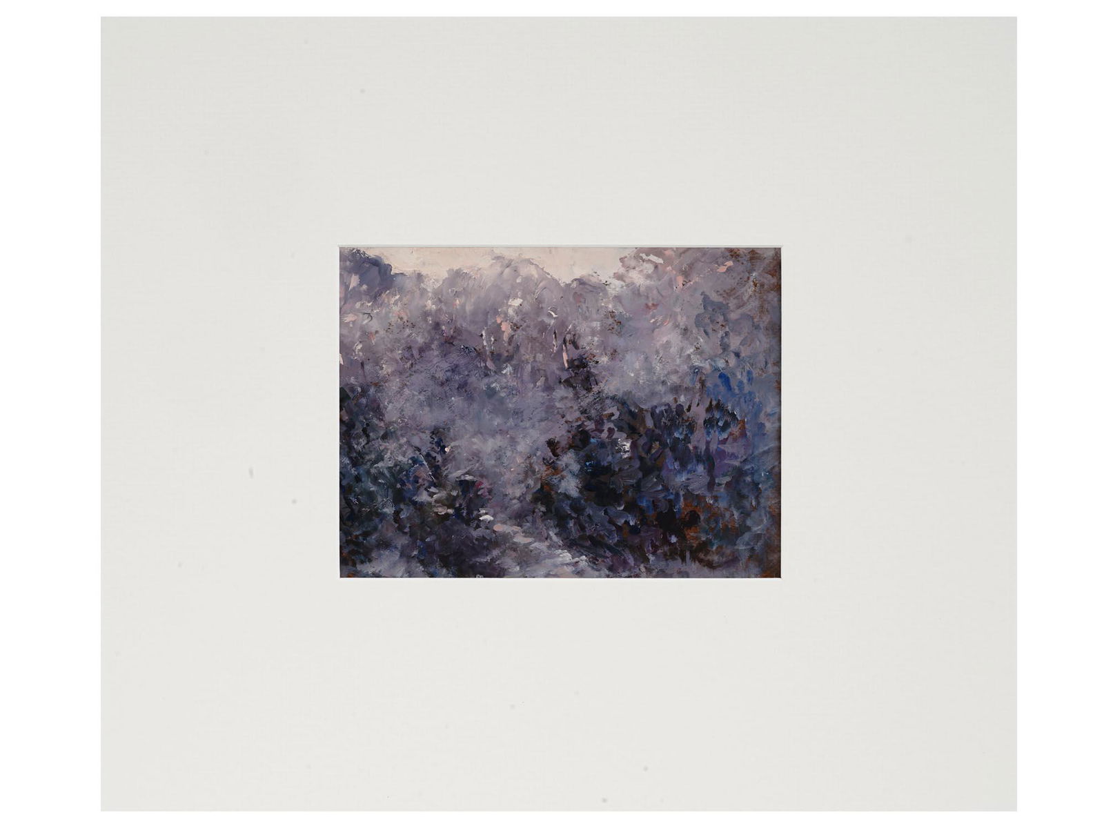 RUSSIAN LANDSCAPE OIL PAINTING BY NINA ZBANDUTO: Oil on board painting by Nina Zbanduto, 1894 to 1988, a Russian-American Impressionist artist. The artwork depicts a forest landscape in purple. Unsigned. White mat. Collectible Mid Century Nature Lan