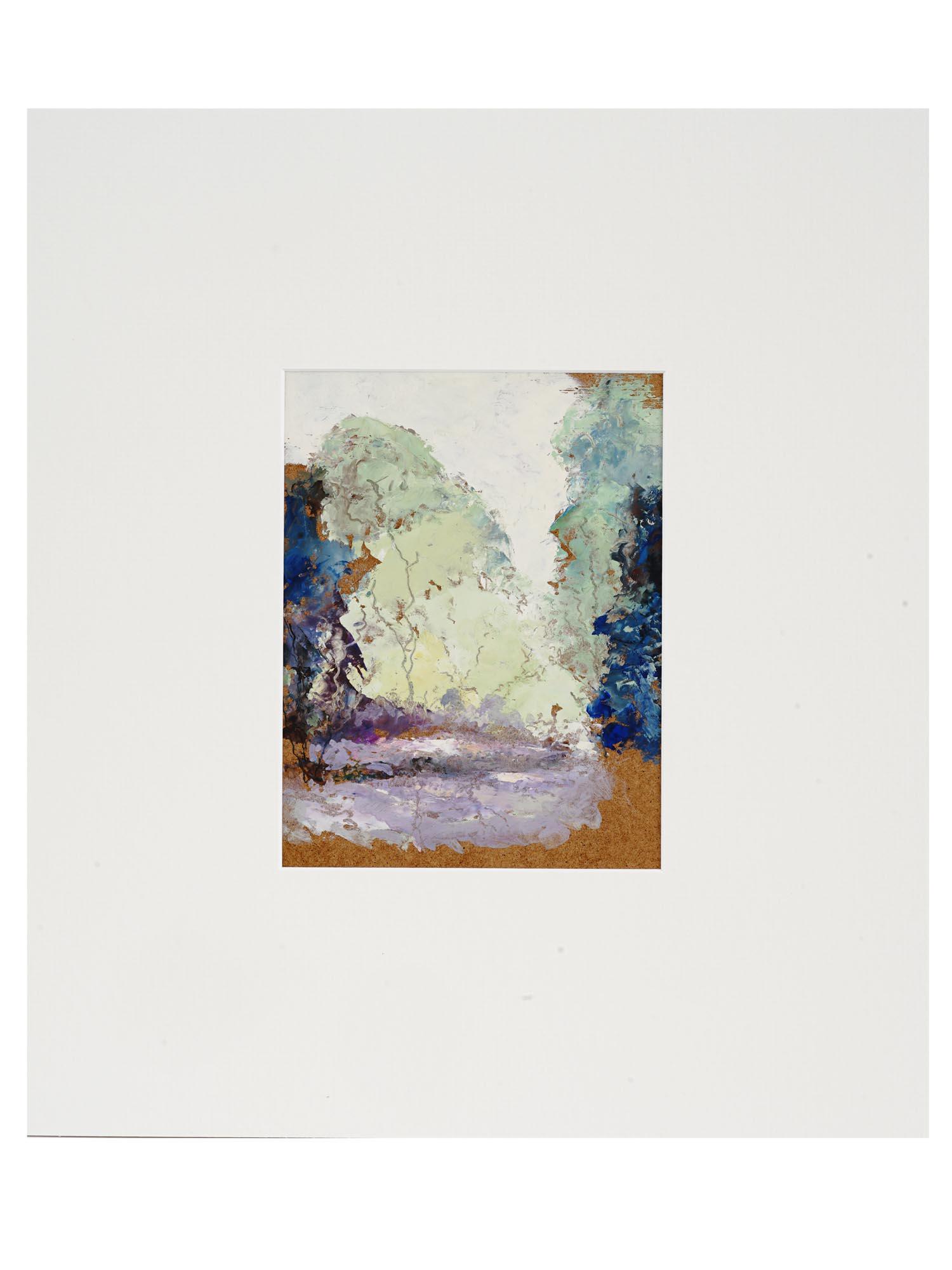 RUSSIAN LANDSCAPE OIL PAINTING BY NINA ZBANDUTO: Oil on board painting by Nina Zbanduto, 1894 to 1988, a Russian-American Impressionist artist. The artwork depicts a forest landscape. Unsigned. White mat. Collectible Mid Century Nature Landscape Art