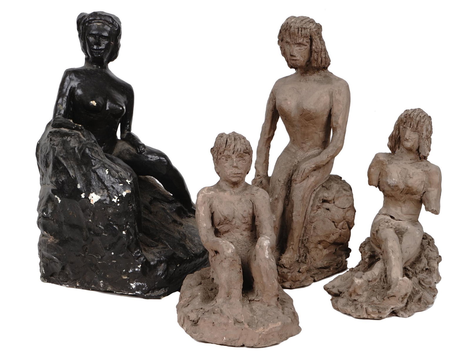 ATTR TO STEELE BURDEN FOUR CLAY PLASTER SCULPTURE: Attributed to Steele Burden, American, 1900 to 1995, three clay and one plaster sculptures depicting nude female figures made in a Naive manner. Unsigned. Circa: 1960s. Steele Burden is known for Gard