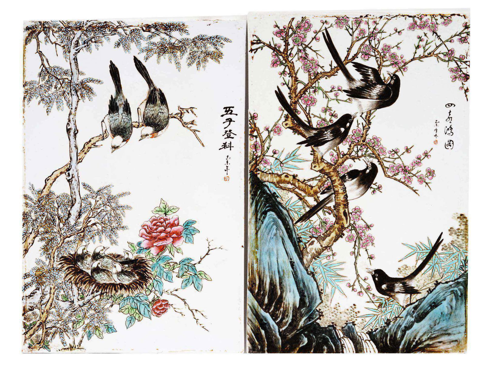 CHINESE BIRDS HAND PAINTED PORCELAIN TILES SIGNED (1 of 6)