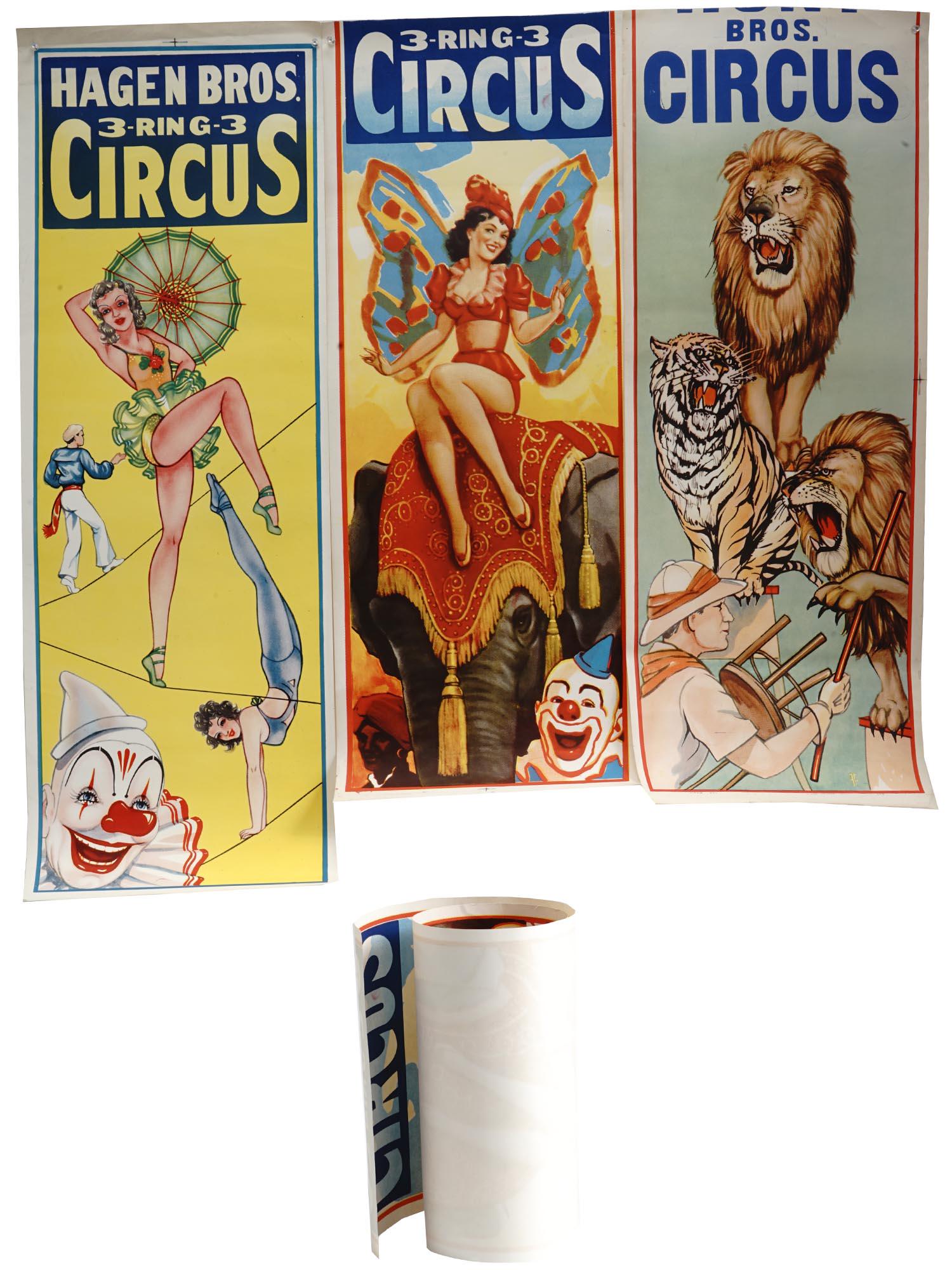 VINTAGE BROS CIRCUS ADVERTISEMENT POSTERS: A lot of mid-20th century American lithographic banners, advertisement for the Hagen Bros. Circus. A total of 4 items. The first depicts tightrope walkers. The second represents a lion tamer. The thir