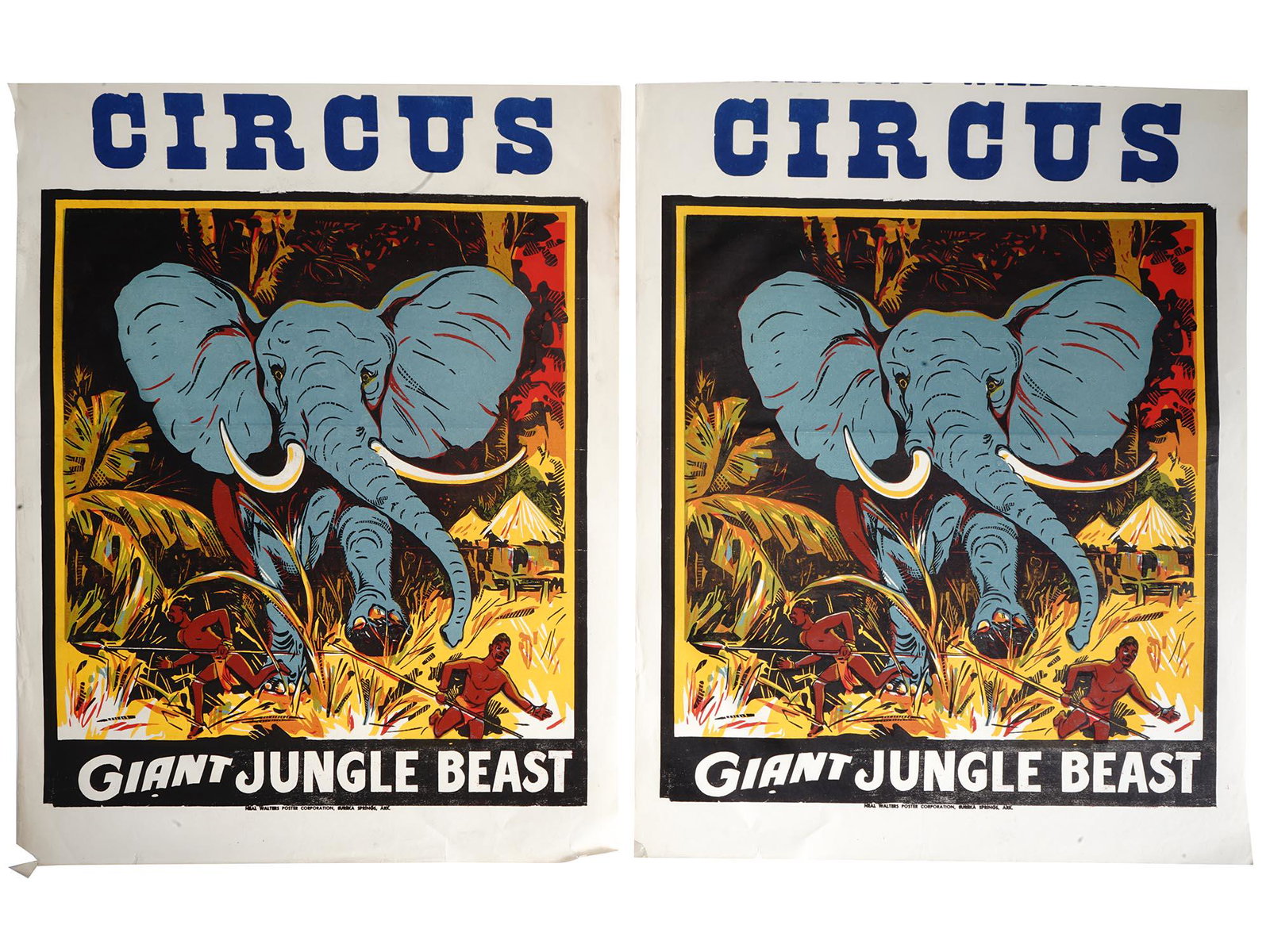 VTG AMERICAN CIRCUS GIANT JUNGLE BEAST POSTERS: Two vintage American circus posters, each depicting an elephant running through the jungle. With the lettering: Circus, Giant Jungle beast. Circa the 1940s or the 1950s. Vintage American Posters And P