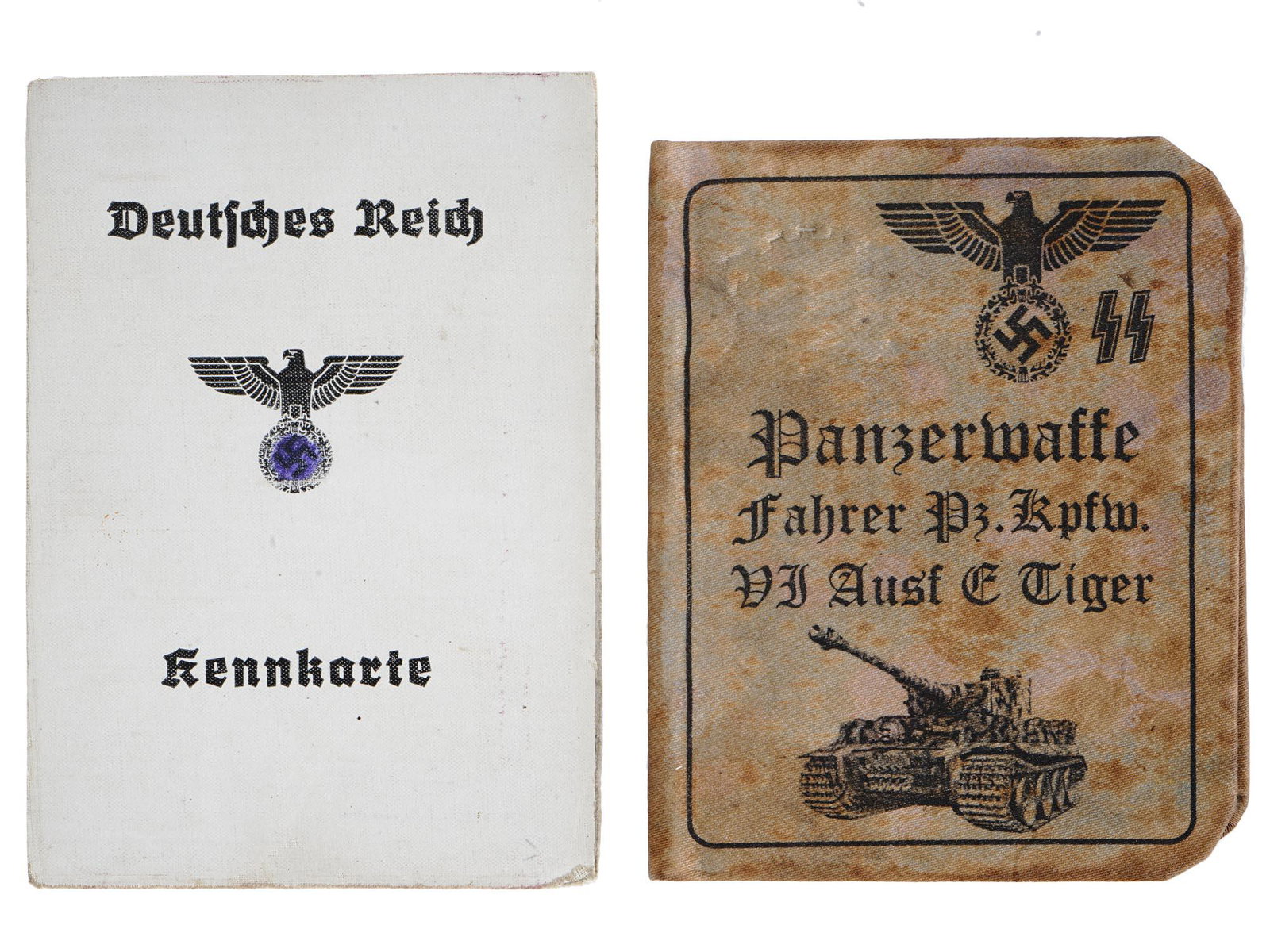 WWII NAZI GERMAN MILITARY PERSONNEL DOCUMENTS: A pair of WWII Nazi German personal documents. First. A Kennkarte, ID card was issued to Johanna Schwoeder in 1942, with photographs, blueprints, and stamps. Second. Panzerwaffe Fahrer ID, Armored For
