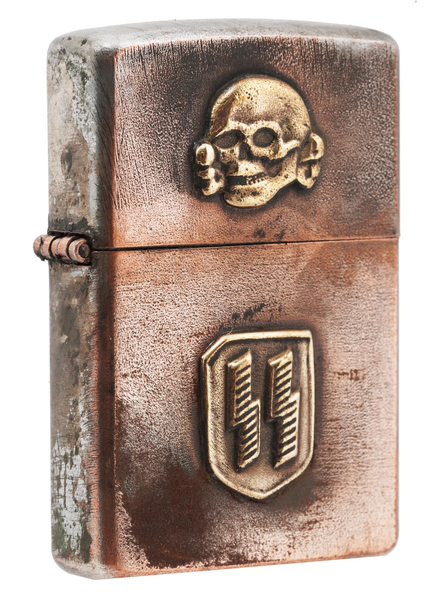 WWII NAZI GERMAN WAFFEN SS CIGARETTE LIGHTER: A WWII Nazi German metal gas lighter. The relief SS emblem decorates the case, the Totenkopf symbol is on the lid. Hallmark RZM is on the bottom. The Schutzstaffel or SS was a major paramilitary organ