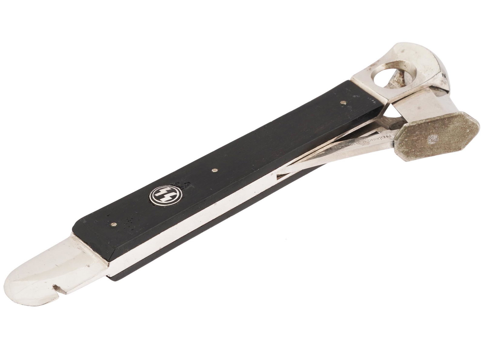 WWII NAZI GERMAN WAFFEN SS CIGAR CUTTER: A WWII Nazi German Waffen SS wood and metal cigar cutter decorated with SS runes on the body. Marked Pfeilring Solingen and numbered. WWII Nazi German Third Reich Cigar Cutters For Collectors. Dimensi