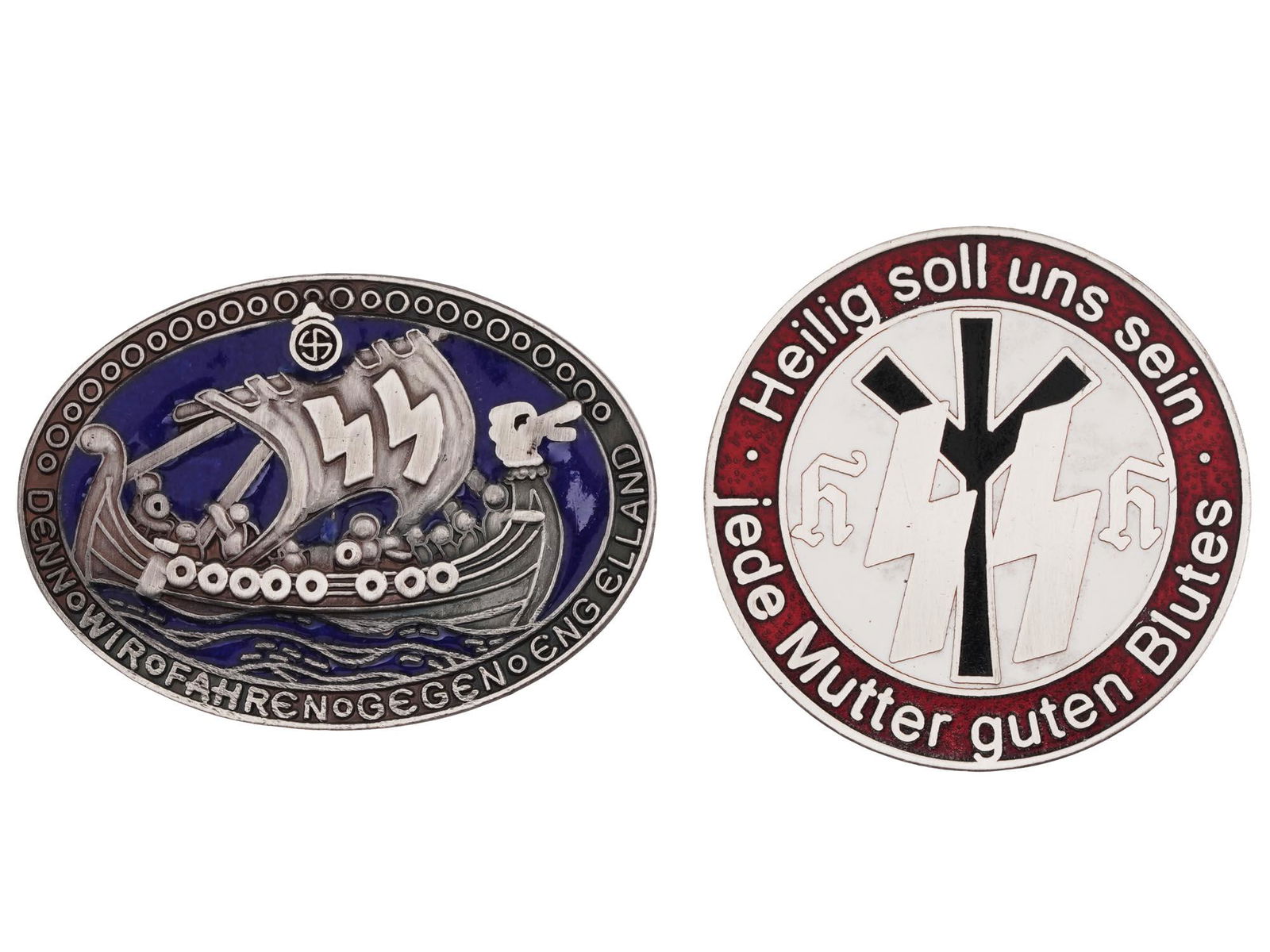 WWII NAZI GERMAN ENAMEL SS BADGES: Two WWII Nazi German SS badges including a Waffen SS Division Wiking enamel badge depicting a Viking ship with large SS runes on its sail over the legend in German Then We Sail against England, and a