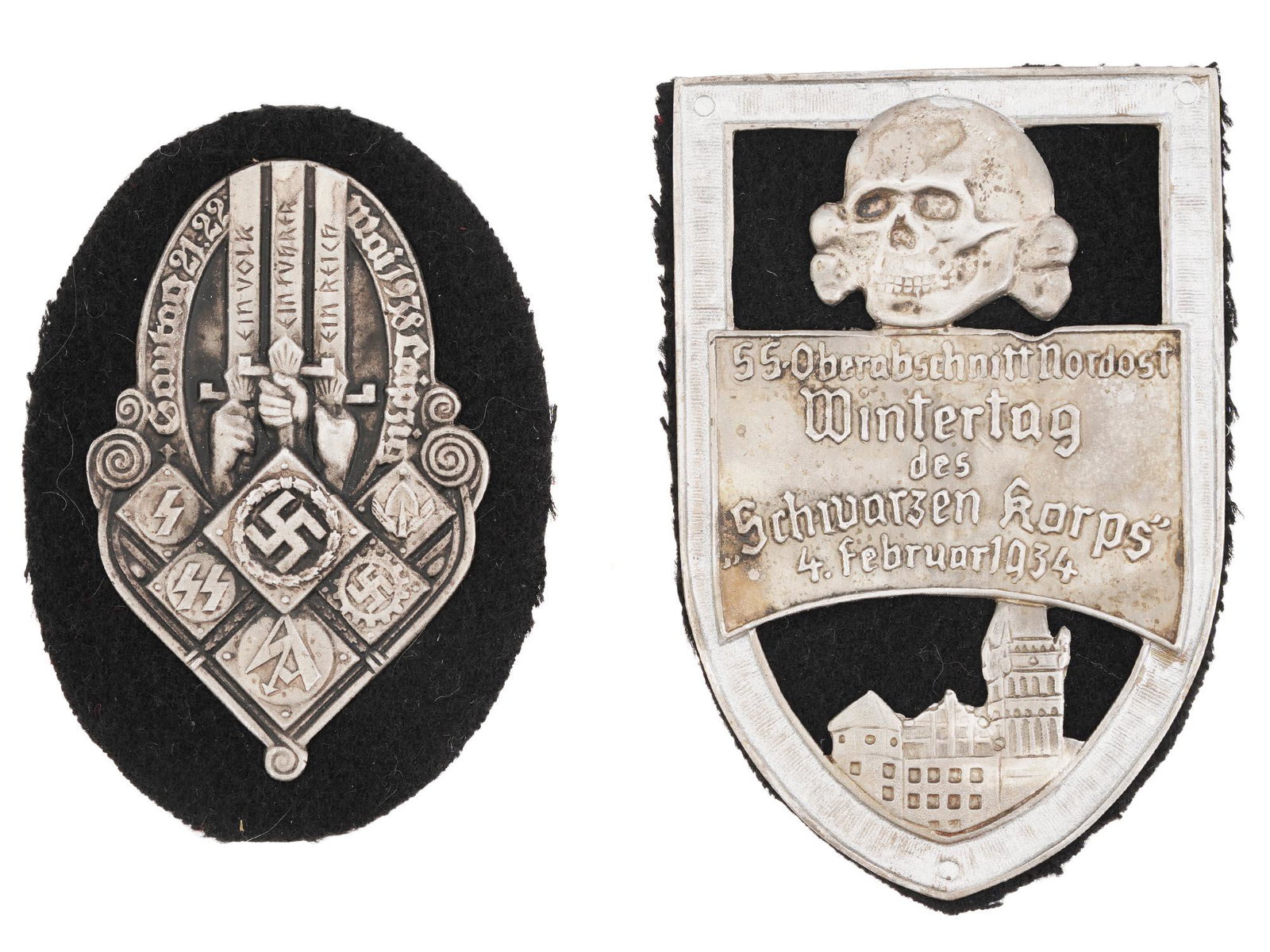 WWII NAZI GERMAN SS KORPS MILITARY PIN SHIELDS: Two WWII German Nazi military metal pin shields including a 1938 Gautag Leipzig Organizations badge with engraved swastika insignias, and a 1934 NSKK NSDAP period SS Schwarzen Korps shield marked, wit