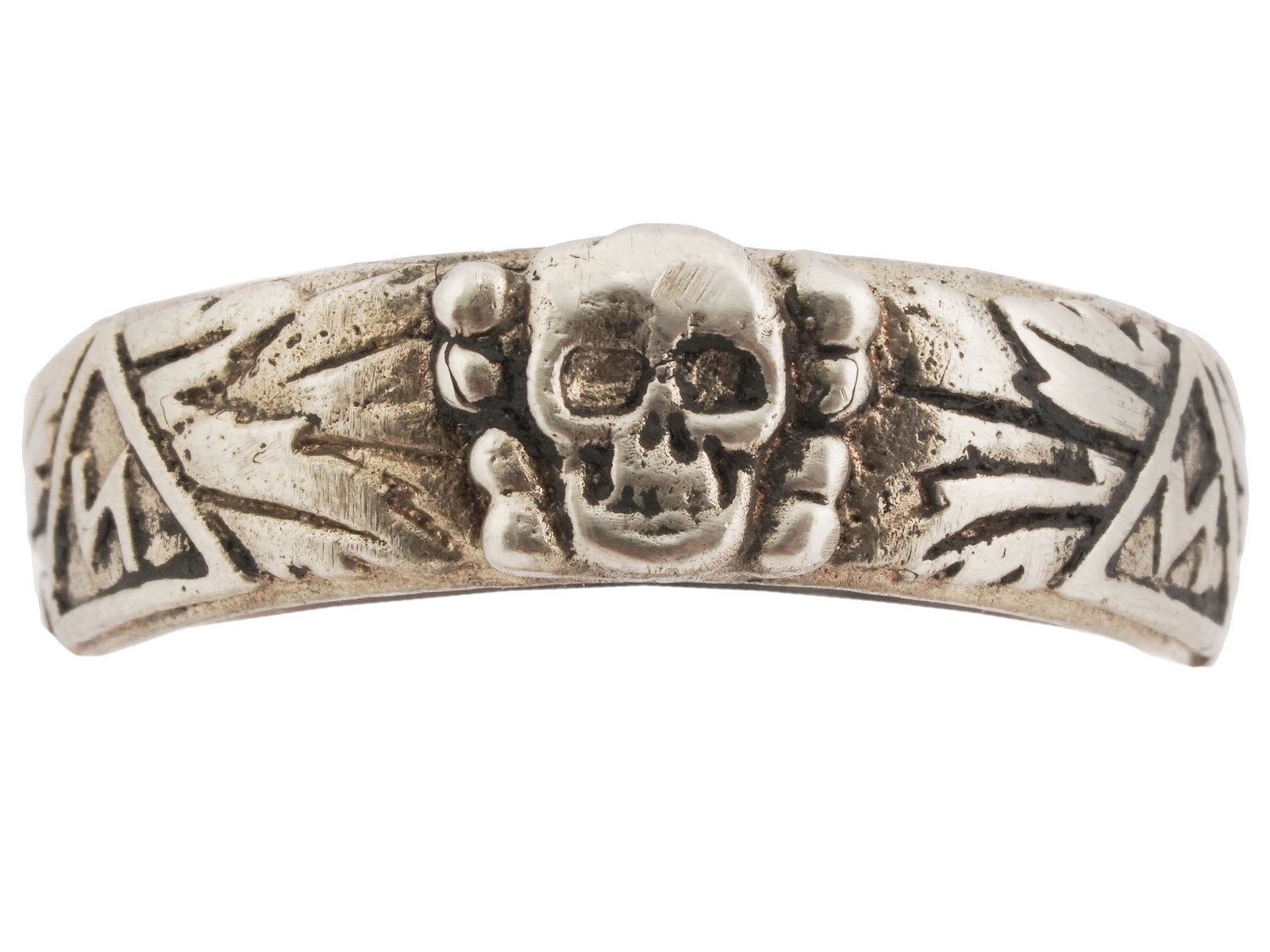 WWII GERMAN THIRD REICH SS HIMMLER HONOR RING: A WWII Nazi German Third Reich SS Himmler Honor, probably silver, ring. The exterior of the ring is engraved with oak leaves and swastika insignia patterns, and a Totenkopf swastika insignia in the ce