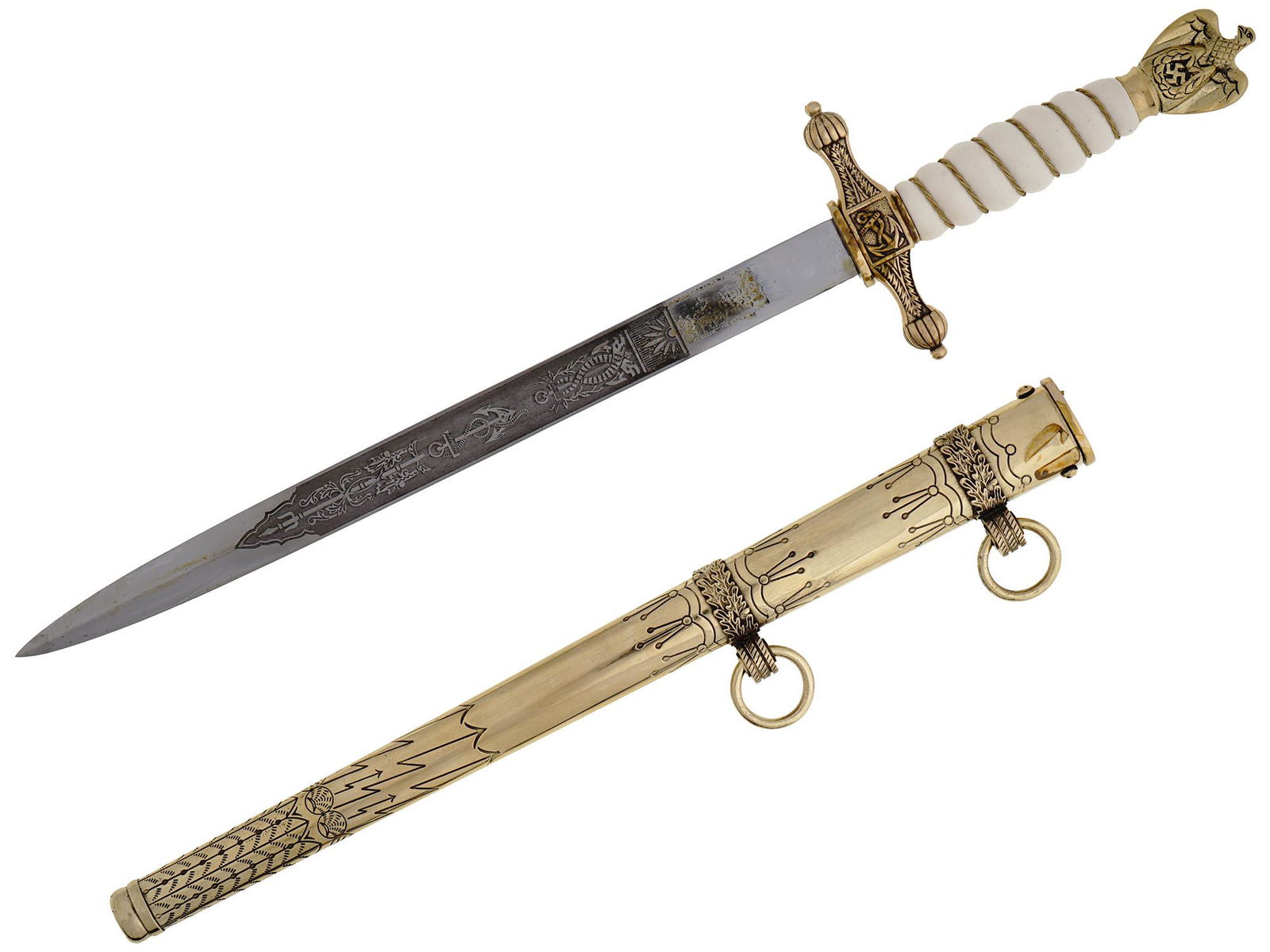 NAZI GERMAN KRIEGSMARINE NAVAL OFFICERS DAGGER: A WWII Nazi German naval officers dagger, Kriegsmarine Offizier Dolch. The nickel-plated steel blade is two-edged and has decorative etching with marine ornaments. Hallmark E. Bonsmann Solingen is at