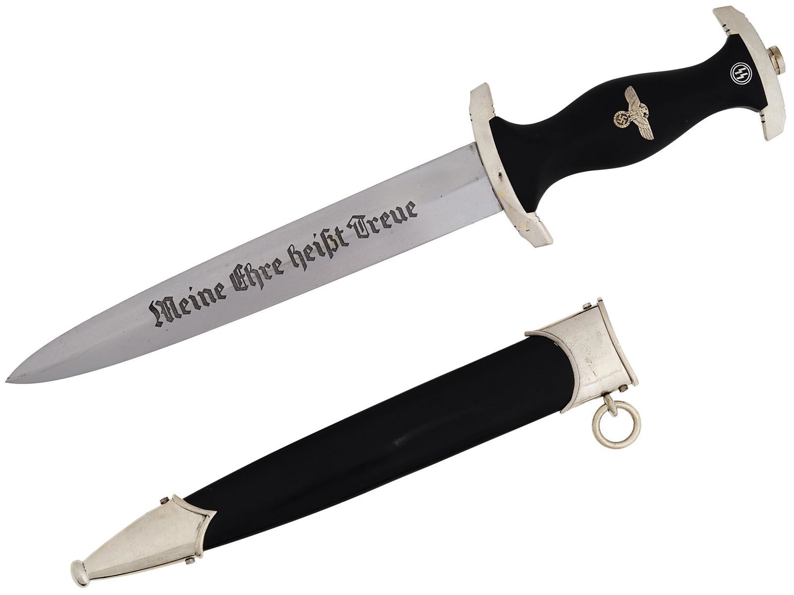WWII NAZI GERMAN WAFFEN SS BOKER SOLINGEN DAGGER: A WWII Nazi German Waffen SS dagger. The blade is constructed of nickel silver plated metal and engraved with a motto in German, My Honor Is Loyalty. The ricasso has a makers mark reading Boker, Solin