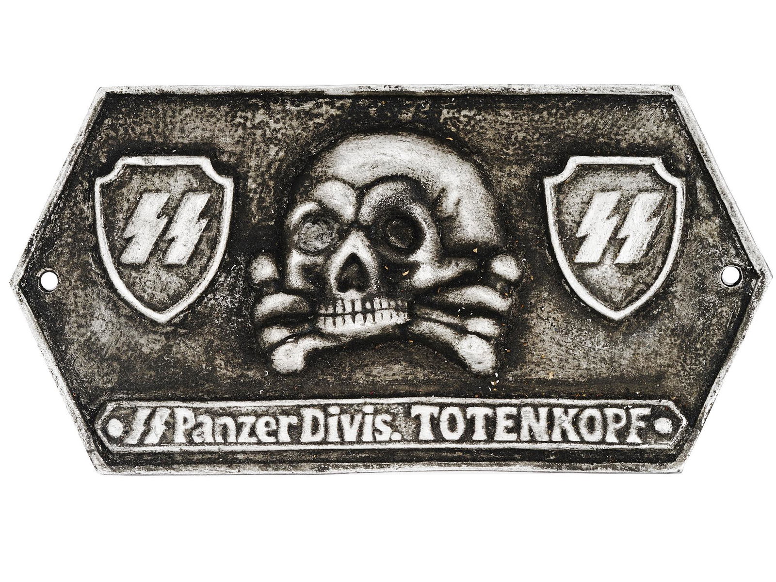 RARE WWII ERA GERMAN NAZI SS PANZER DIVISION SIGN: A rare WWII era Nazi German Third Reich Waffen SS Panzer Division metal sign panel. The sign is decorated with a skull Totenkopf swastika insignia to the center, and SS runes to the sides, and an engr