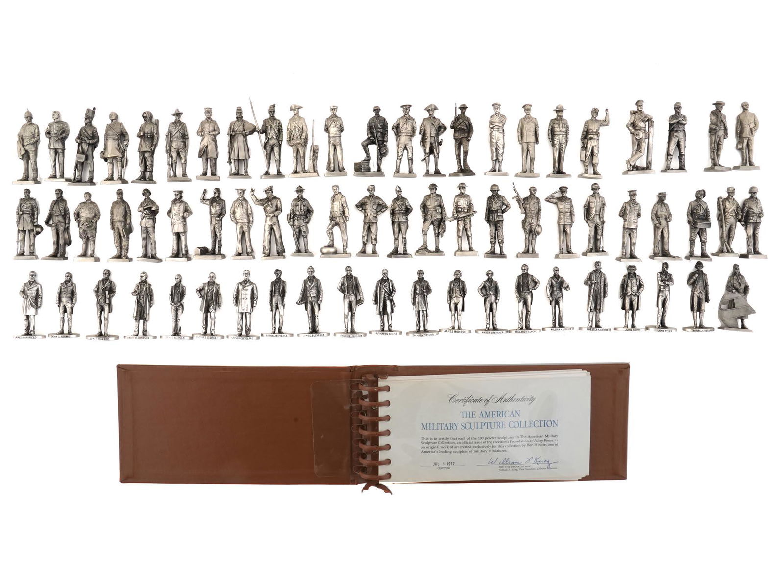 FRANKLIN MINT AMERICAN MILITARY SCULPTURE COLLECTION: The American Military Sculpture Collection of 100 pewter pieces. The official issue of the Freedoms Foundation at Valley Forge, an original work of art created exclusively for this collection by Ron H