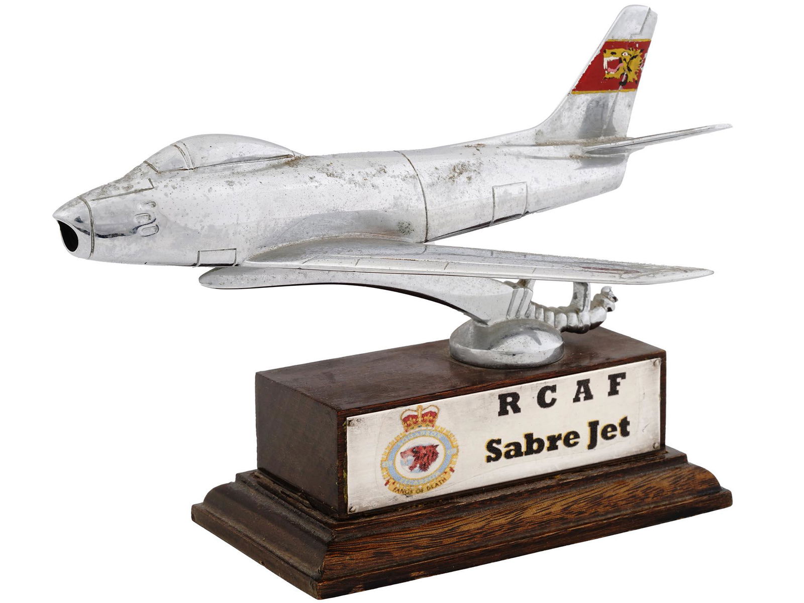 METAL RCAF SABRE JET DESK MODEL ON WOODEN STAND (1 of 4)