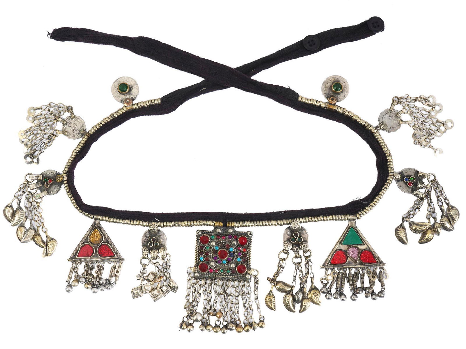 PAKISTANI KUCHI TRIBAL ORNATE BELLY DANCE BELT: A 20th century Pakistani Kuchi Tribal belly dance belt. The belt is made of black velvet fabric, adorned with a beaded design, hanging adornments, coins, encrusted with faux gemstones. Colorful clothi