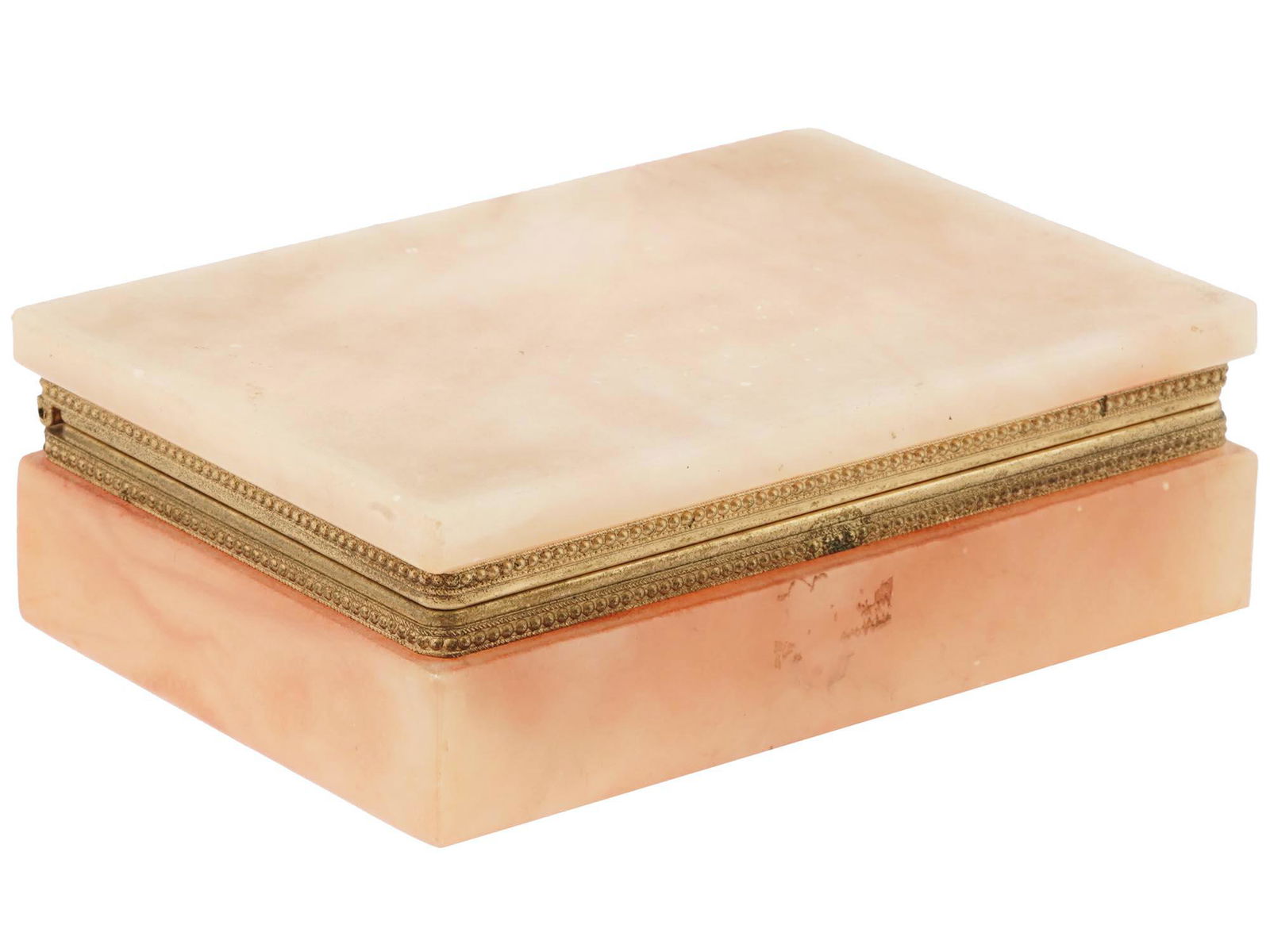 VINTAGE ITALIAN RECTANGULAR ALABASTER TRINKET BOX: A vintage Italian rectangular alabaster trinket box with gilt metal fittings featuring a hinged lid. The lid opens to reveal a well for storing jewelry or trinkets. Stamped to bottom. Circa the 1970s.