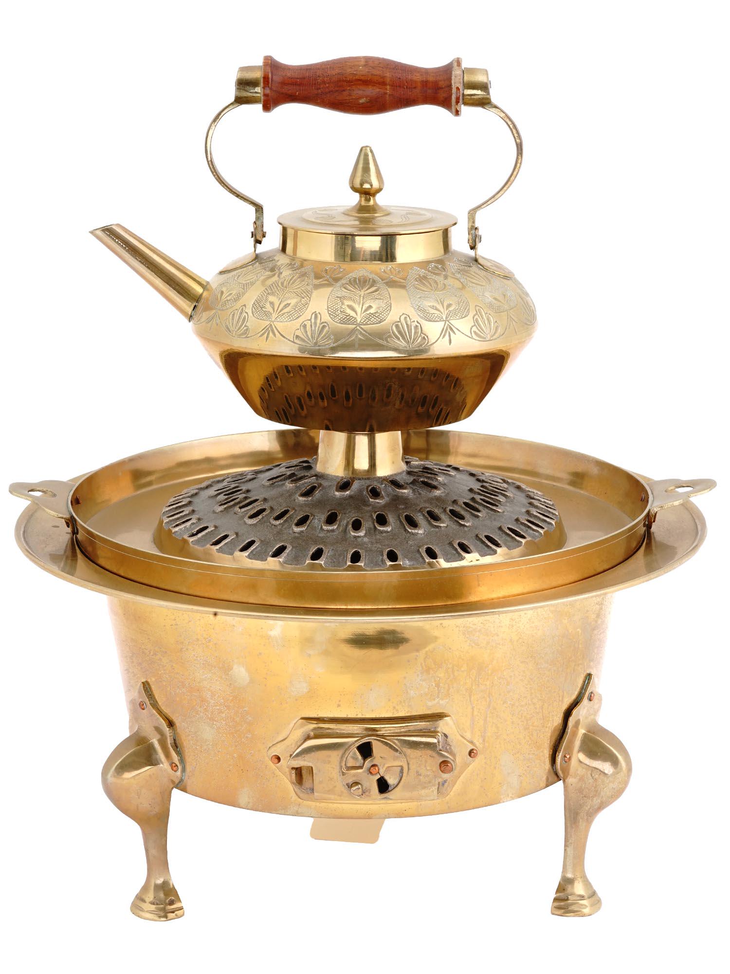 KOREAN BRASS WARMER AND INDIAN ETCHED TEA POT SET (1 of 5)
