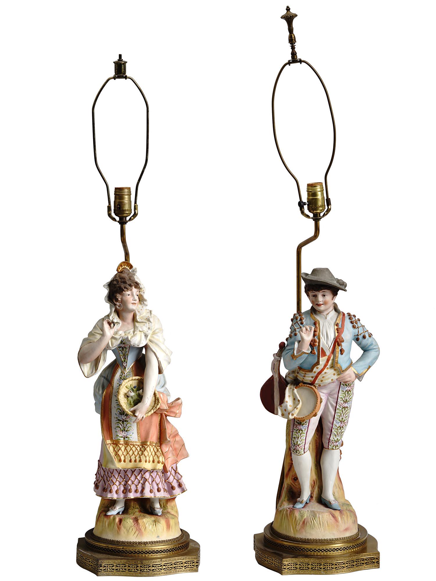 ANTIQUE GILT BRASS PORCELAIN FIGURE TABLE LAMPS (1 of 4)