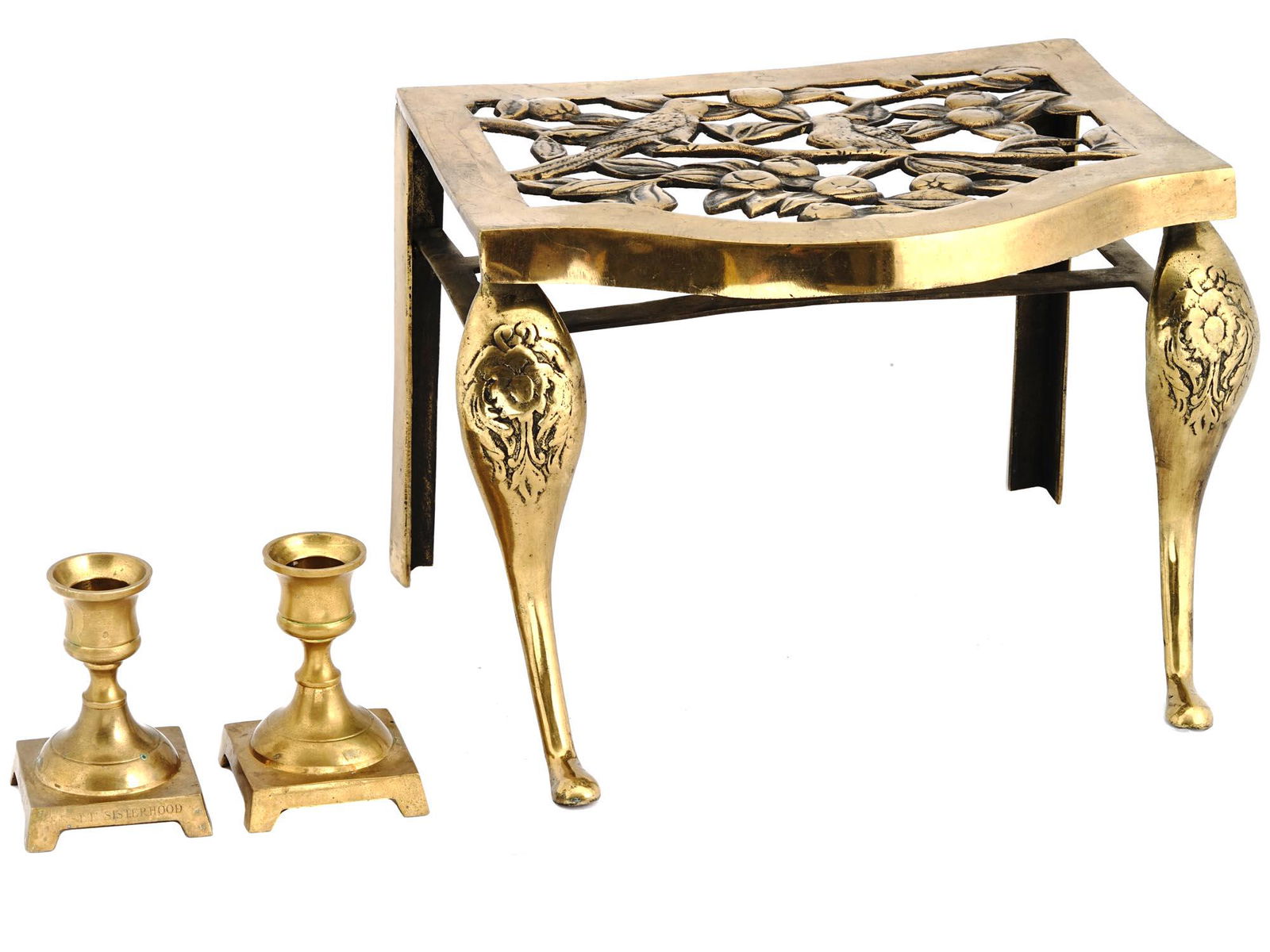 ANTIQUE BRASS FIREPLACE STOOL AND CANDLESTICKS (1 of 6)