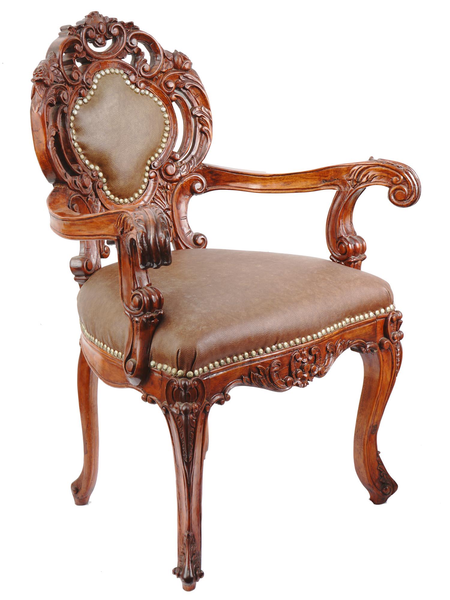 VINTAGE FRENCH CARVED WOOD AND LEATHER ARMCHAIR (1 of 5)