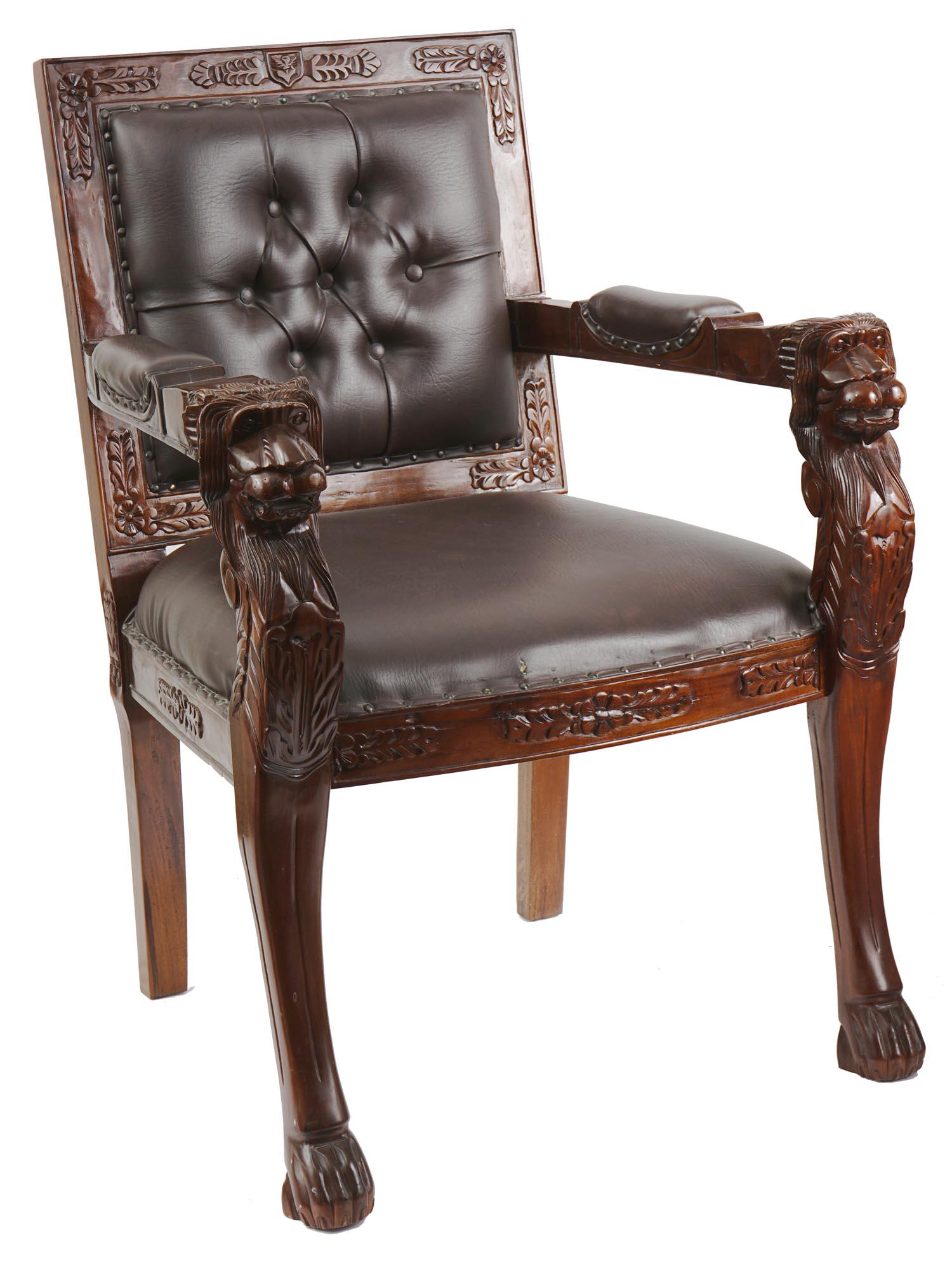 VINTAGE ITALIAN CARVED WOOD AND LEATHER ARMCHAIR (1 of 4)