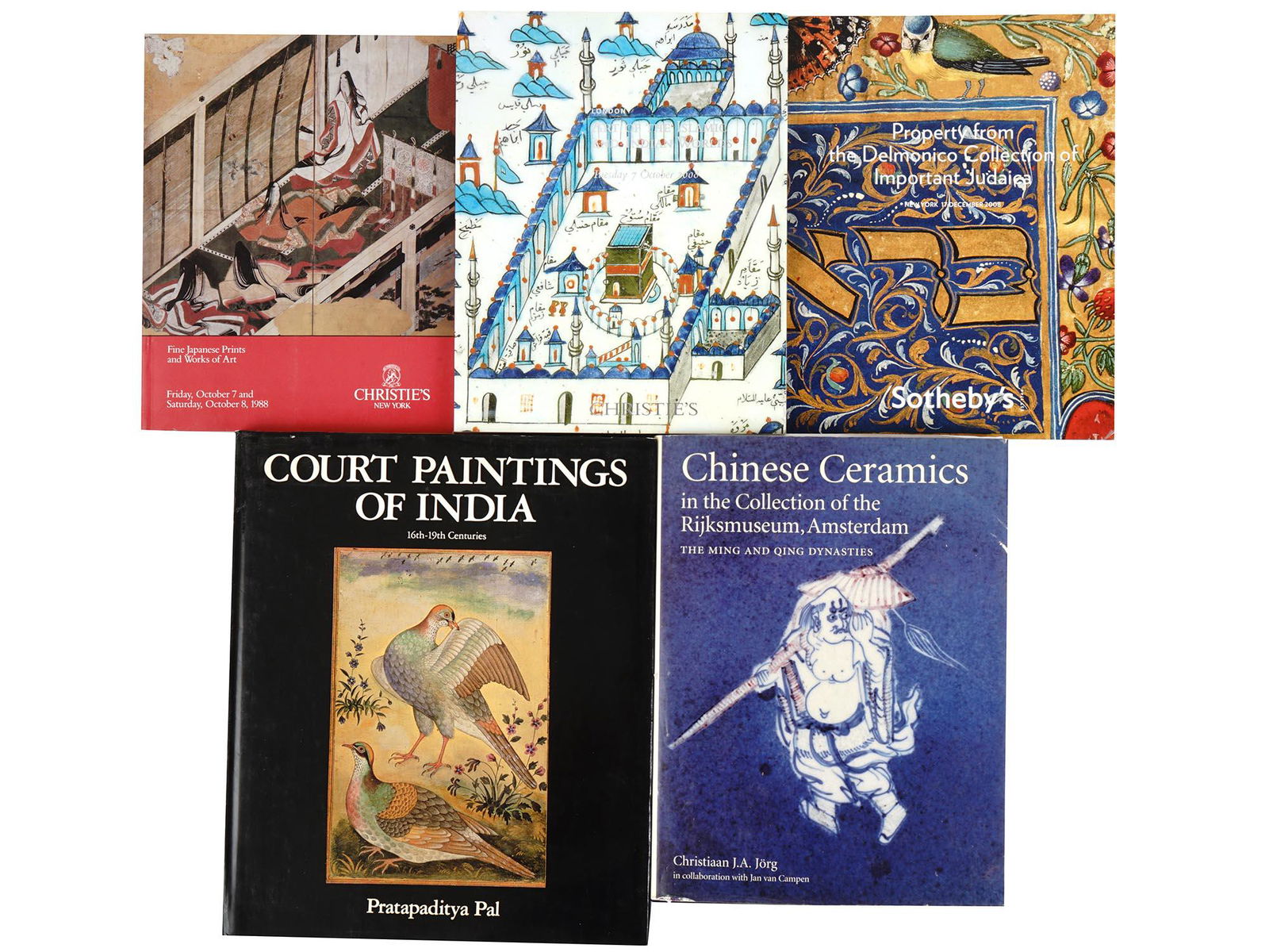 ALBUMS AND CATALOGS ON JUDAICA AND ORIENTAL ART: Five albums and catalogs on Islamic, Judaical and Oriental art. Court Paintings of India: 16th to 19th centuries by Pratapaditya Pal, published by Navin Kumar, 1983, signed by the author. Chinese Cera