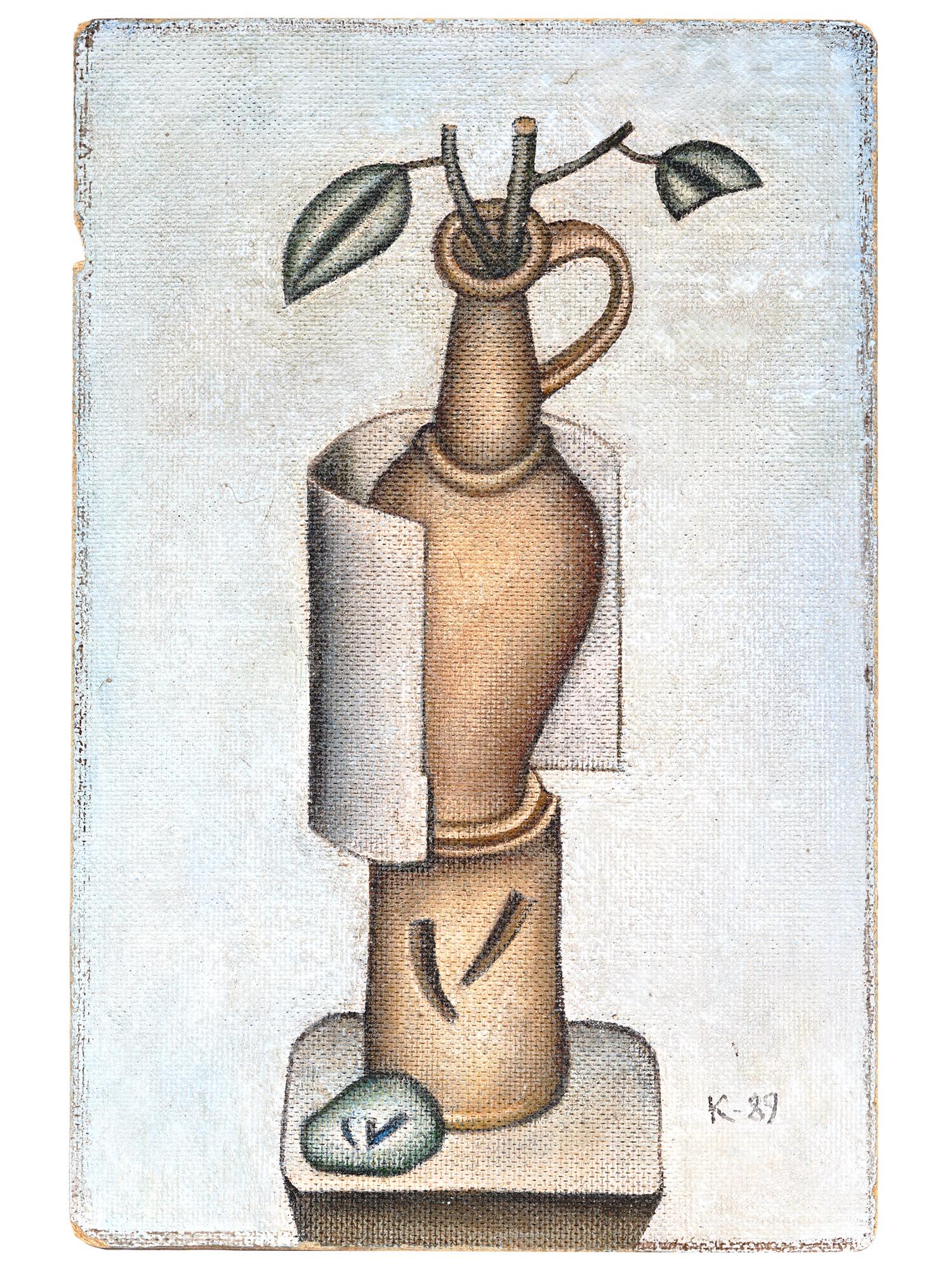 RUSSIAN STILL LIFE OIL PAINTING BY KRASNOPEVTSEV: Dimitri Mikhailovich Krasnopevtsev, Russian, Soviet, 1925 to 1995, oil painting on canvas mounted on board depicting a metaphysical still life with a vase, 1989. Signed with an initial and dated lower