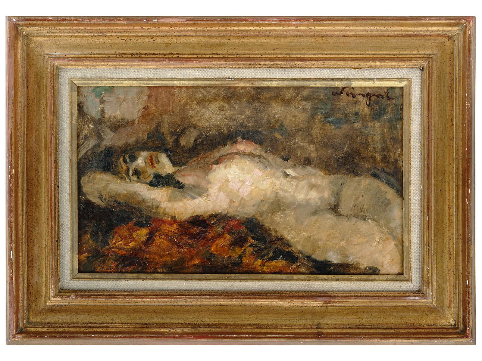 NUDE FEMALE OIL PAINTING BY JOACHIM WEINGART: Joachim Weingart, Polish, German, 1895 to 1942, a Post Impressionist oil on board painting depicting a reclining nude. Signed by the artist on the upper right. Framed. Note: Joachim Weingart left Gali